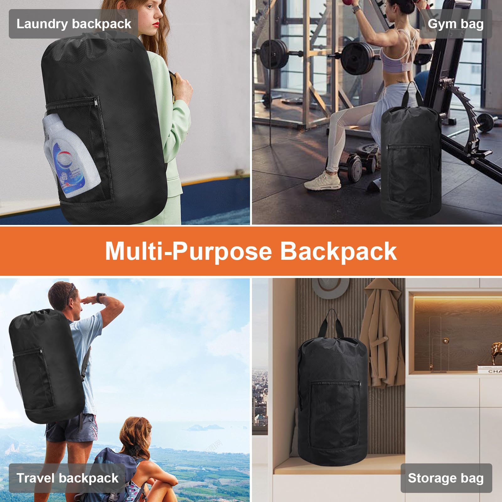 Femuar Durable Laundry Backpack with Shoulder Straps & Mesh Pockets - Portable Dirty Clothes Hamper for College Dorm, Gym, Travel & Camping (Black) - Water-Resistant Laundry Storage Solution