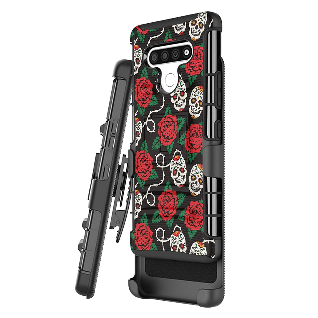 Military Shockproof LG K51 Case with Kickstand & Belt Clip - Skull Rose Design for Outdoor Protection