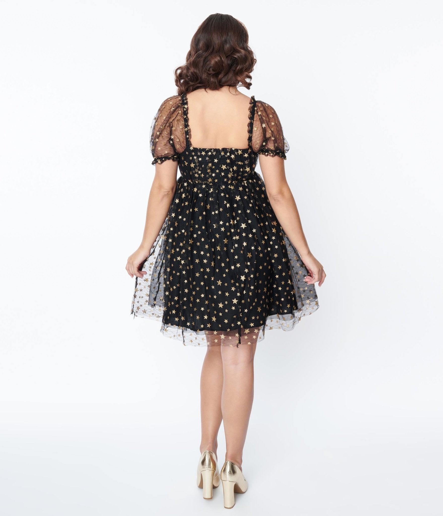 Vintage Black Gold Star Mesh Babydoll Belle Dress - Retro Party, Cosplay, Halloween Costume & Night Out Outfit