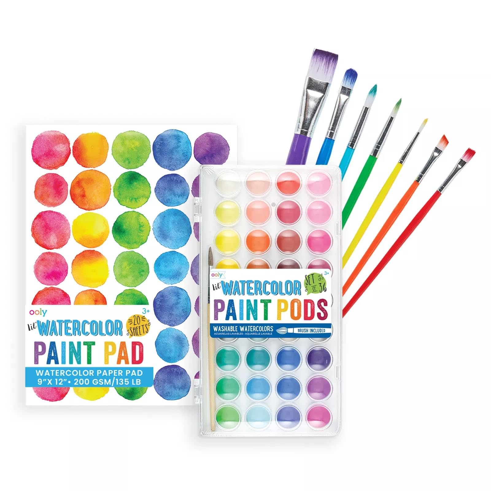 Ooly Lil' Watercolor Complete Bundle - 36 Color Pods, 7 Easy Dry Paint Brushes, 20-Sheet 200 GSM Paint Pad | Kids Art Supplies for Easter, Birthday & DIY Craft Activities