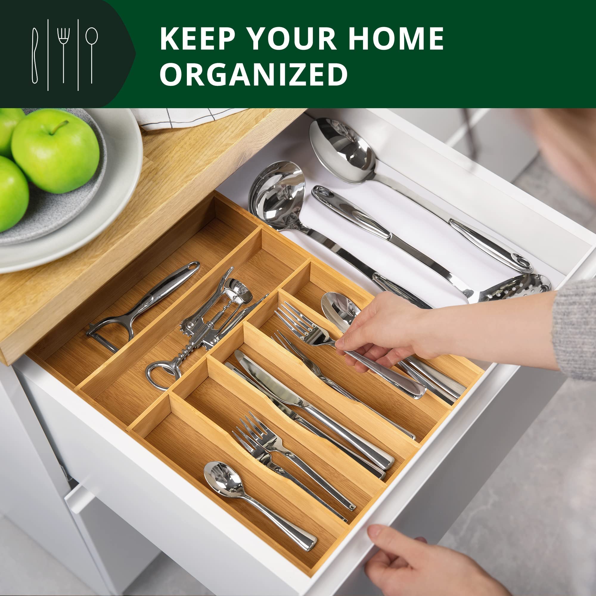 Premium Bamboo Kitchen Drawer Organizer - Silverware & Utensil Holder with Adjustable Dividers | Cutlery Tray for Flatware, Knives, Spoons | Ideal for Home Kitchen Organization & Dining Room Storage