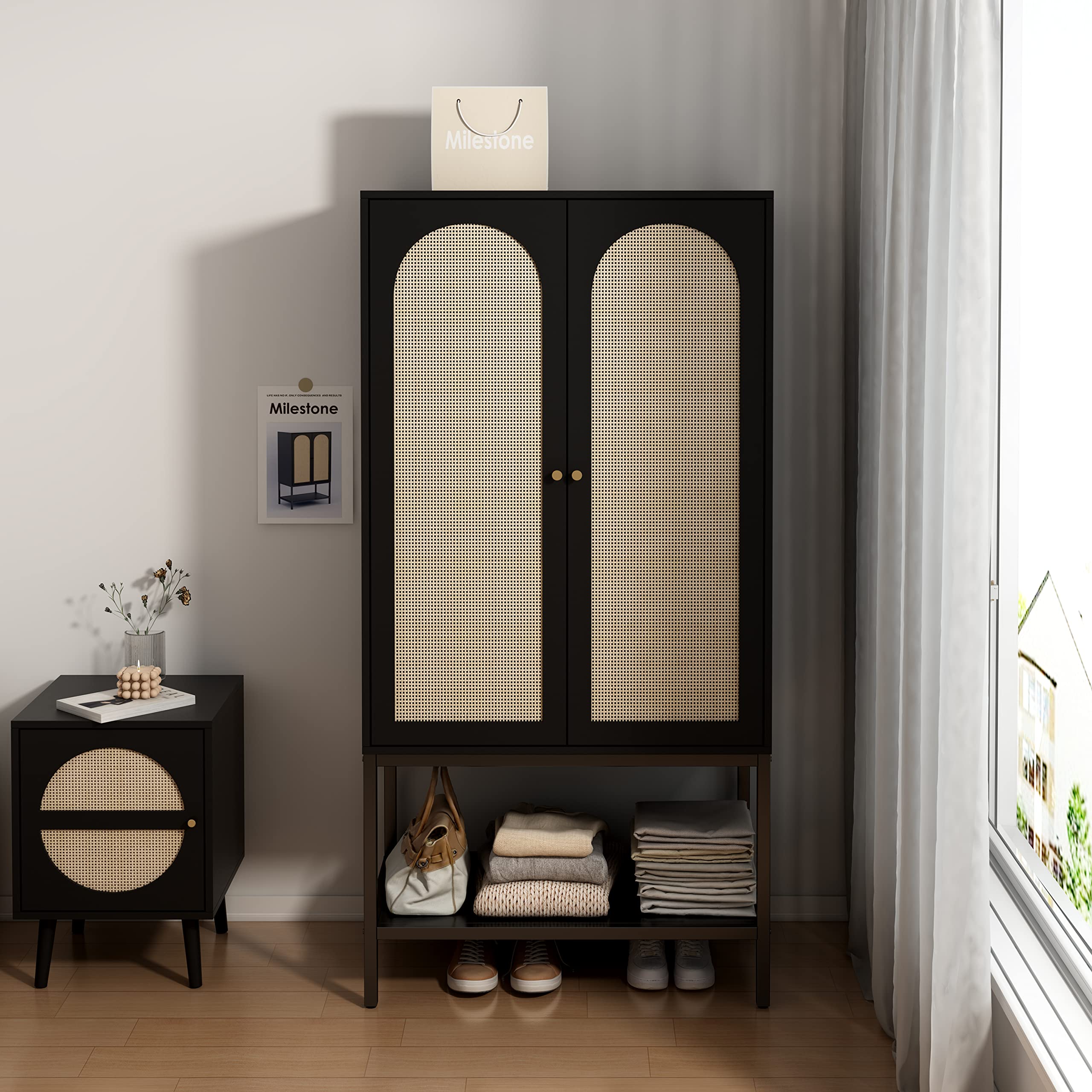 Rattan Freestanding Wardrobe Closet with Storage Cubes & Hanging Rod - 2-Door Black Bedroom Armoire for Clothes Storage | Perfect for Small Spaces, Dorm Rooms & Apartment Organization