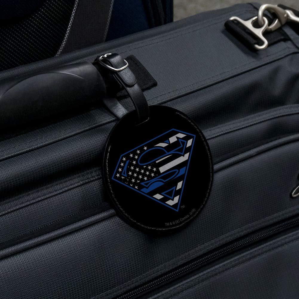Superman Thin Blue Line Shield Logo Round Leather Luggage Tag - Durable ID Card Holder for Travel Bags, Suitcases & Backpacks - Perfect for Police Officers, First Responders & Patriotic Travelers