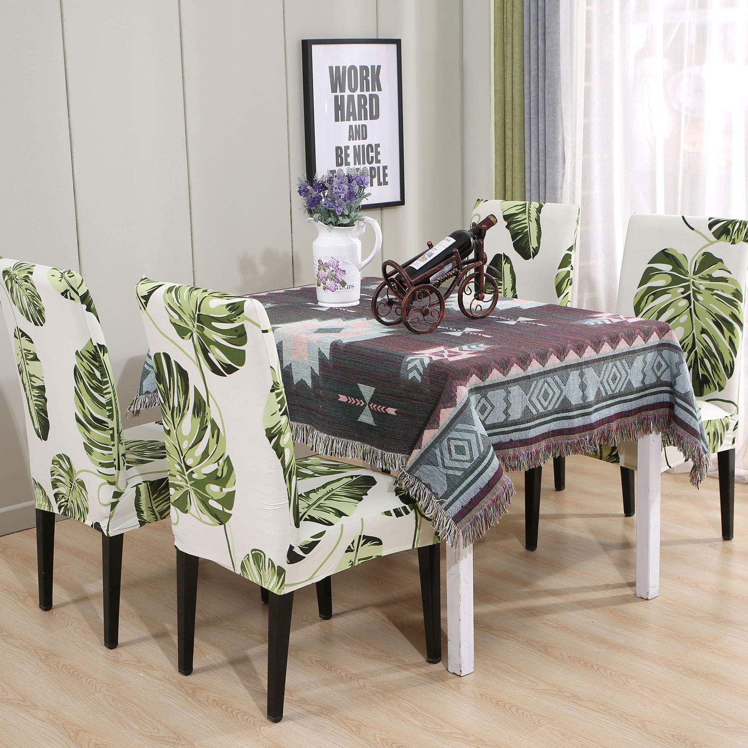 SoulFeel 6-Piece Stretch Spandex Dining Chair Covers - Elastic Slipcovers for Kitchen & Dining Room Chairs (Green Leaves Pattern) - Perfect for Home Decor, Parties & Daily Protection