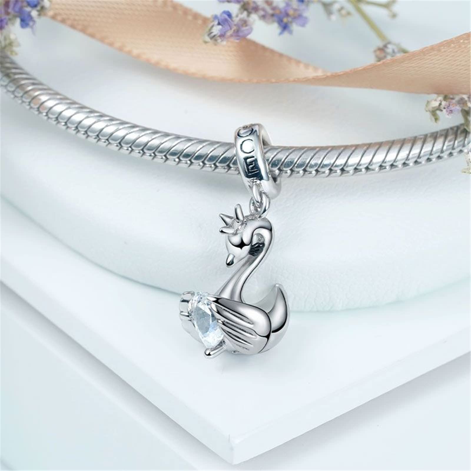 GNOCE 925 Sterling Silver Animal Charms - Wolf & Fox Gemstone Pendant for Snake Chain Bracelet & Necklace, Cute Heart Jewelry Gift for Women & Wife (Swan) | Perfect for Valentine's Day, Anniversary & Birthday Presents