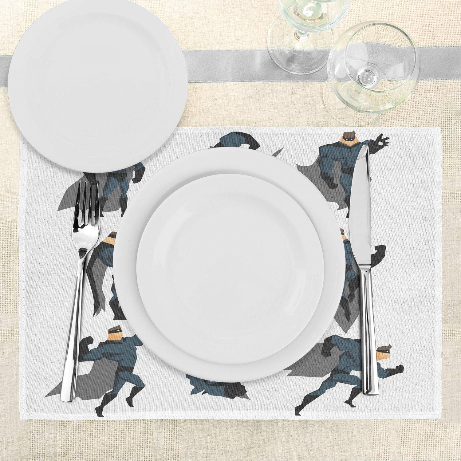 Ambesonne Superhero Place Mats Set of 4 - Washable Fabric Dining Table Mats with Cartoon Superhero Art Print for Kitchen & Dining Room Decor | Perfect for Family Meals, Parties & Superhero-Themed Events (White & Grey)