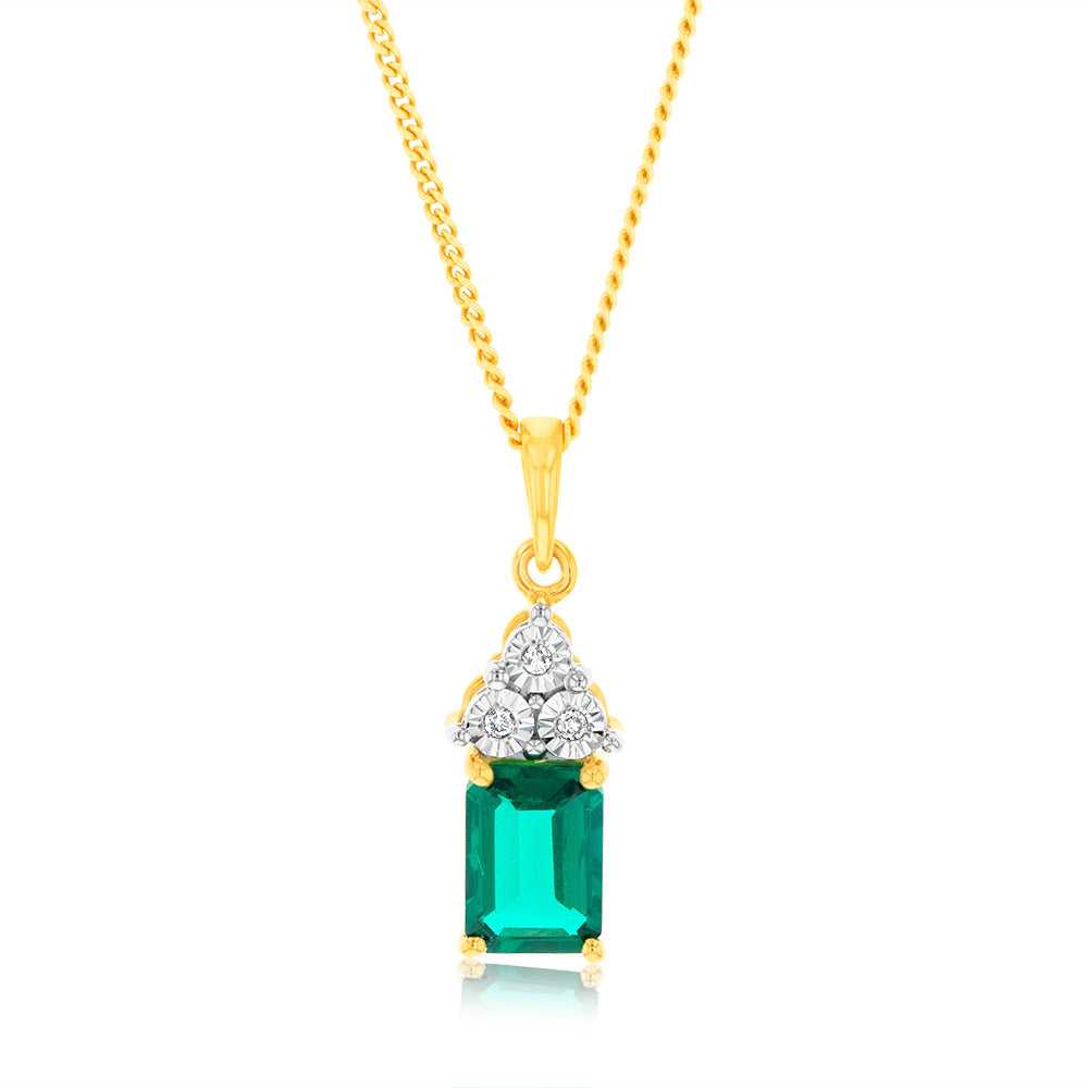 9ct Yellow Gold 7mm Lab-Created Emerald and Diamond Pendant Necklace for Women - Elegant Gift for Birthday, Anniversary & Special Occasions