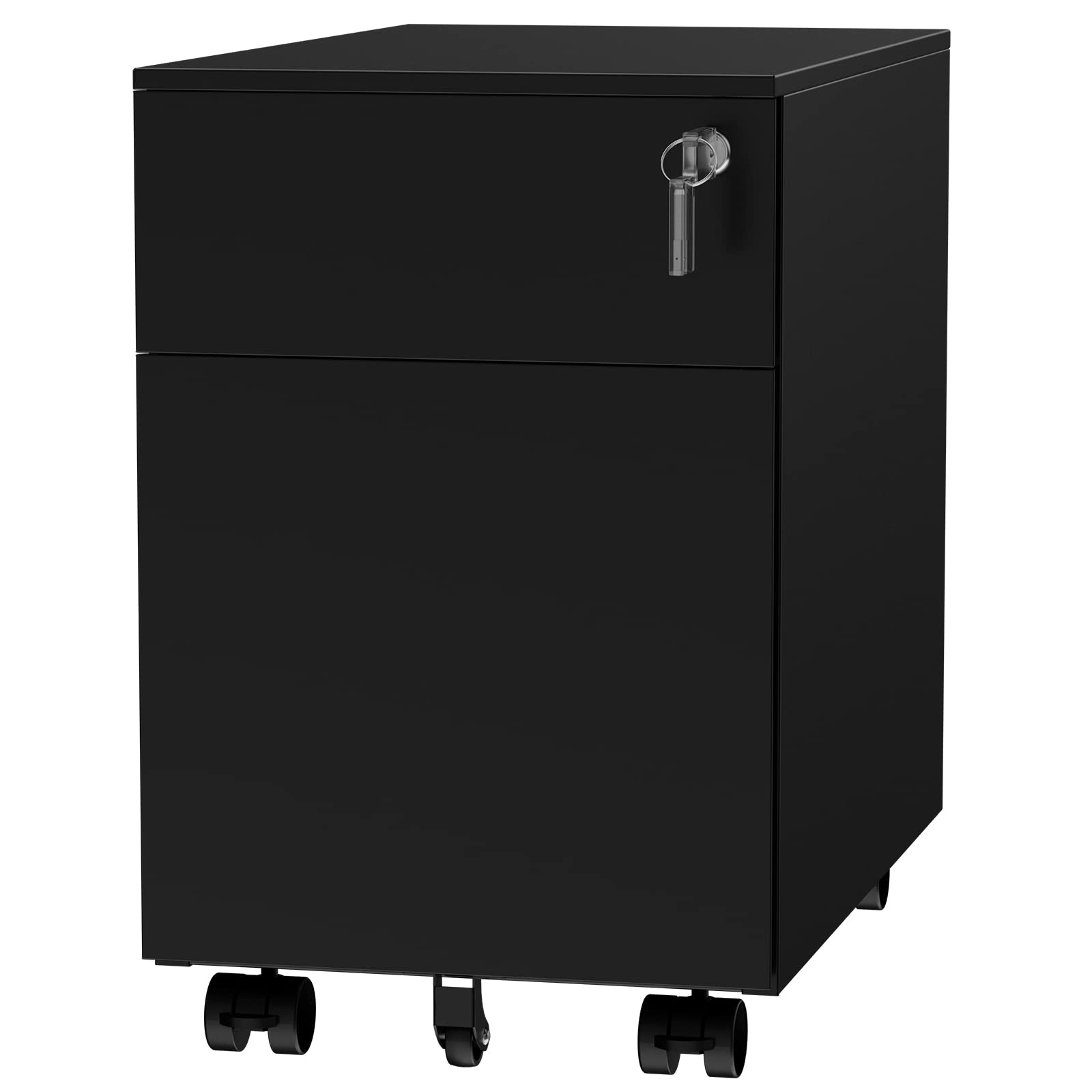 AITERMINAL 2-Drawer Steel File Cabinet with Lock & Key, Mobile Casters, Fully Assembled - Black | Secure Document Storage for Office & Home Organization