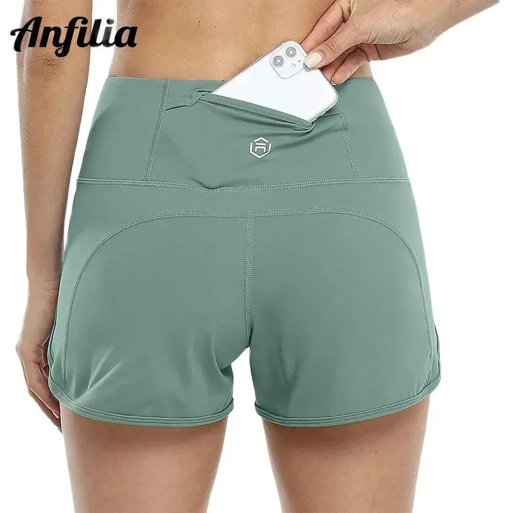 Anfilia Women's High Waist Yoga Shorts with Pockets - Soft Breathable Running Jogging Gym Workout Shorts - Perfect for Yoga, Pilates, Home Exercise & Outdoor Sports Activities