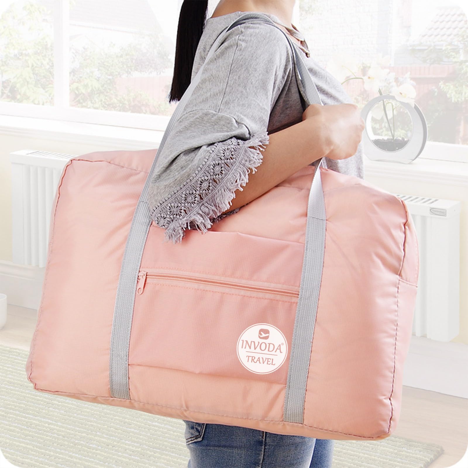 INVODA Foldable Travel Duffel Bag for Women & Men - Waterproof Gym Bag, Carry-On Weekender Overnight Bag for Sports, Gym, Air Travel - Fits Spirit Airlines Personal Item Size (Pink & Green) - Perfect for Weekend Getaways, Business Trips & Workout Sessions
