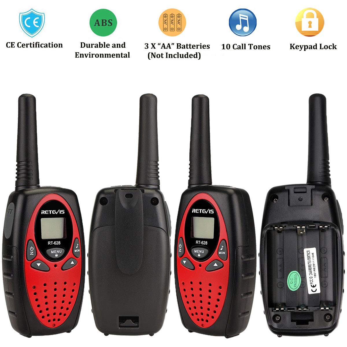 Retevis RT628 Kids Walkie Talkies - Rechargeable Long Range Walkie Talkies for Children, Birthday & Holiday Toy Gifts for Family - Easy to Use for Camping, Hiking & Outdoor Adventures (2 Pack, Red) - Perfect for Backyard Play, Road Trips & Family Bonding Activities