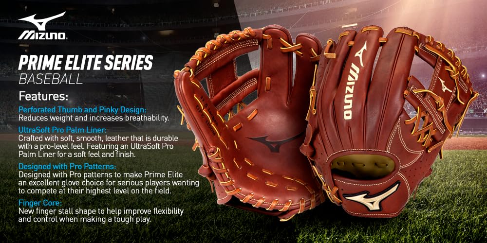 Mizuno Prime Elite Series Baseball Glove - Professional Grade Oil Soft Plus Leather with Finger Core Technology & Ultra Soft Pro Palm Liner - Perfect for MLB Training, College Games & Youth Baseball Practice