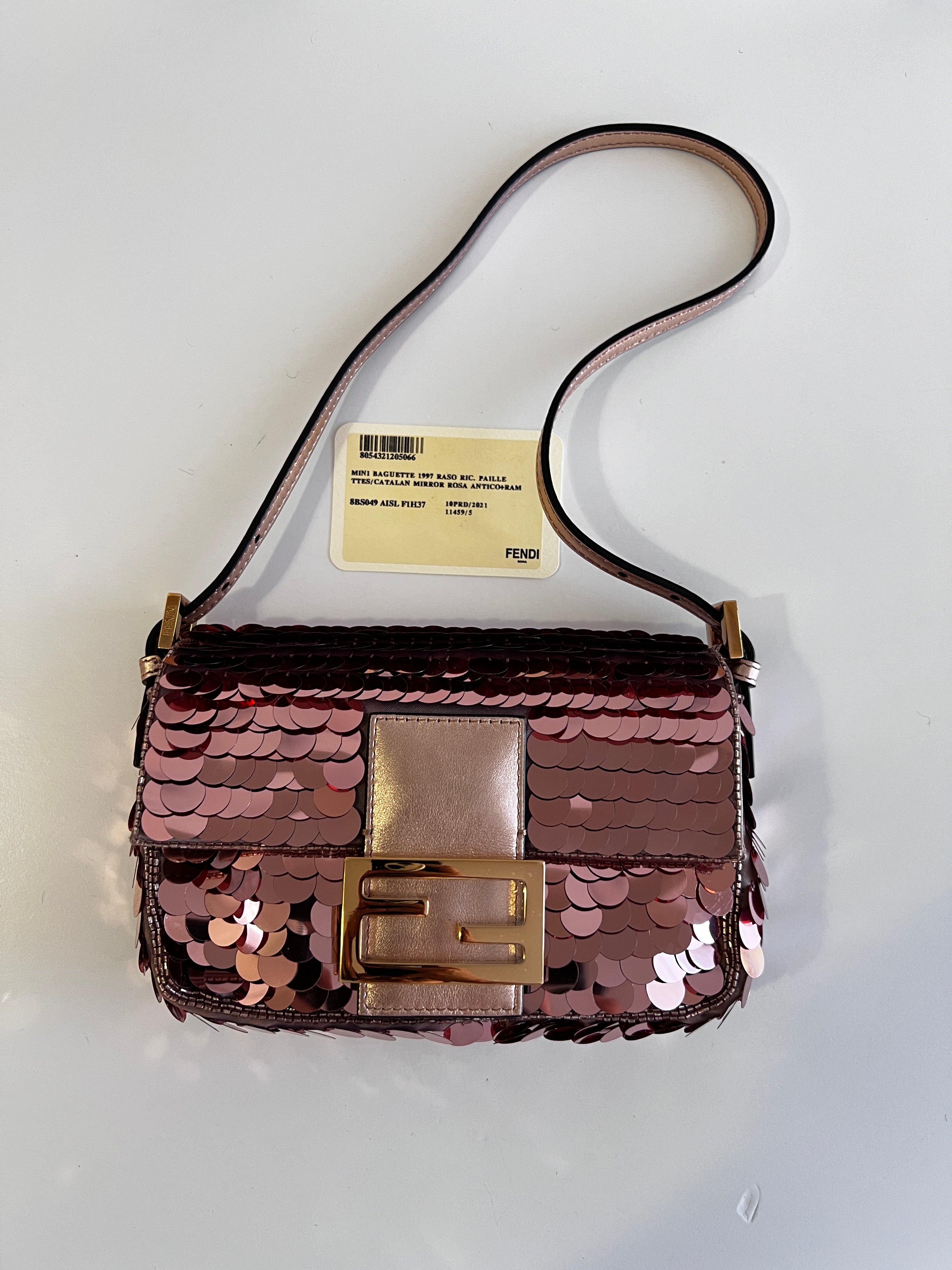 Fendi Rose Gold Sequin Mini Baguette Bag - Luxury Designer Crossbody Purse for Women | Perfect for Parties, Weddings & Evening Events