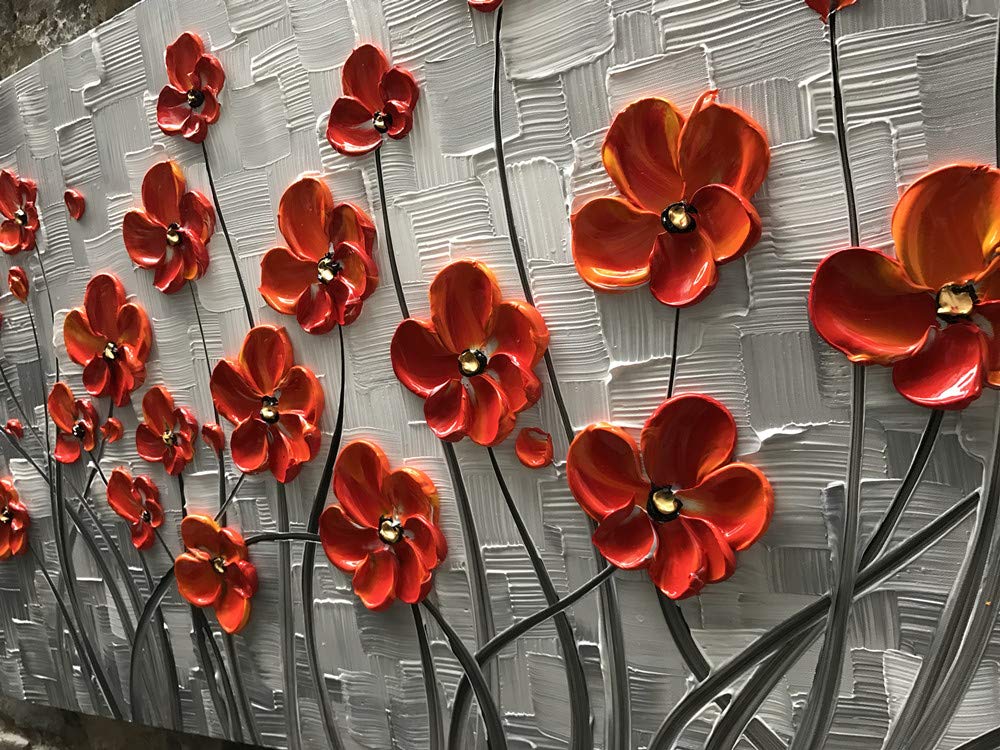 YaSheng Art - Hand-Painted 3D Oil Painting on Canvas, Red Flowers Modern Abstract Artwork, Stretched and Framed Ready to Hang (24x48 Inch) - Perfect for Living Room, Bedroom, Office & Home Decor Wall Art