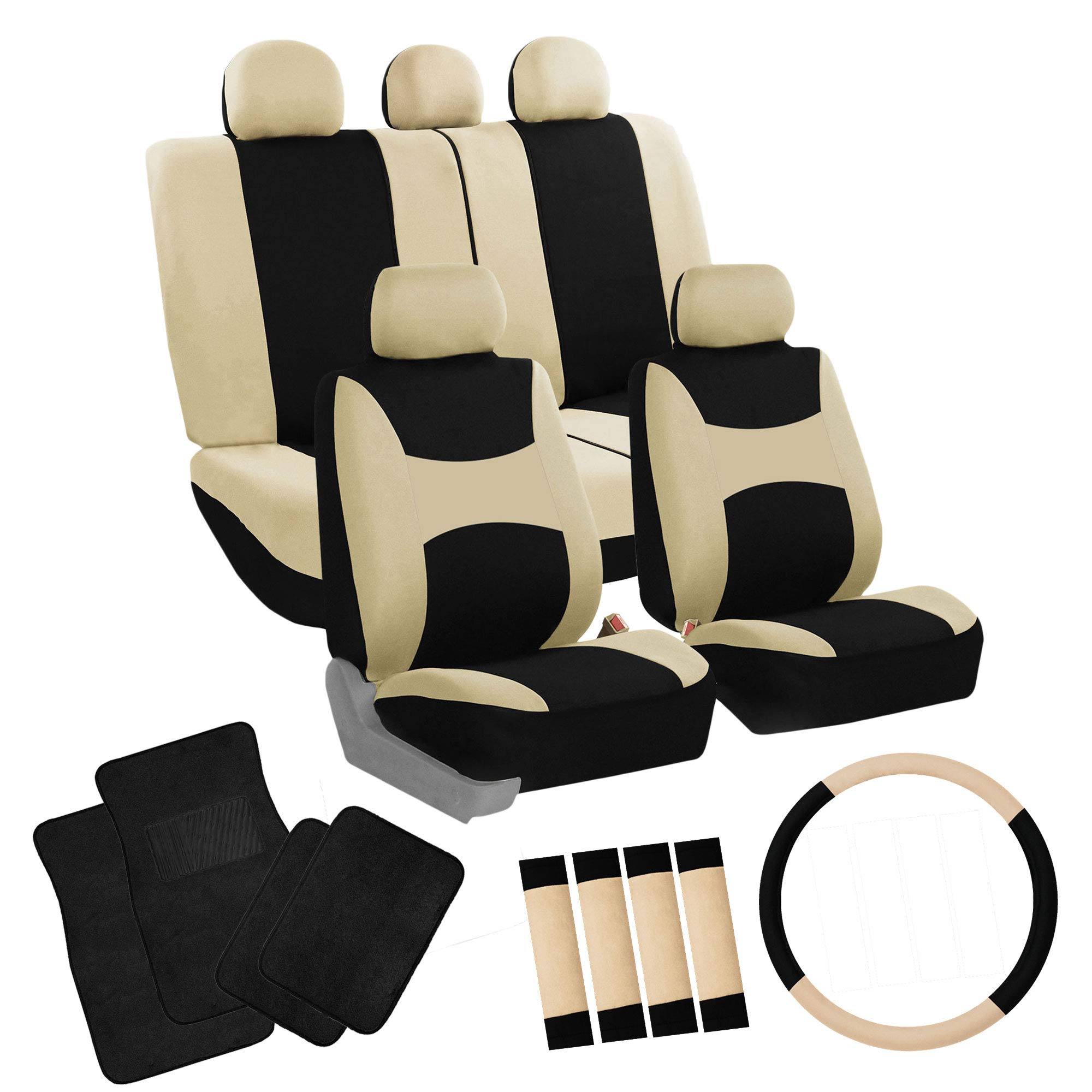 FH Group Universal Fit Car Seat Covers with Airbag Compatibility - Full Set of Breathable Flat Cloth Seat Protectors & Car Floor Mats Combo (Beige) | Perfect for SUVs, Sedans, and Trucks | Interior Protection & Comfort Upgrade