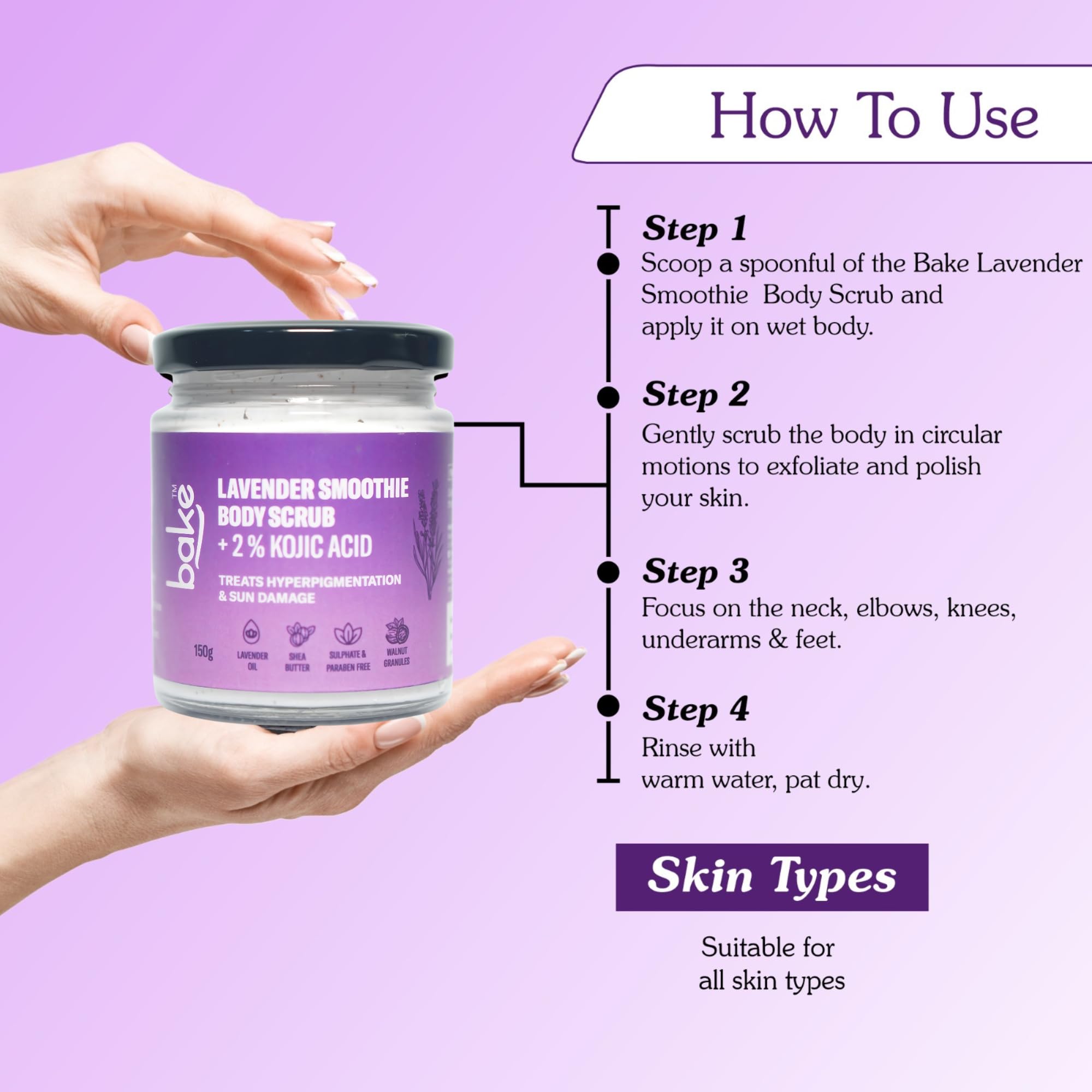 BAKE 2% Kojic Acid Lavender Body Scrub - Brightening & Exfoliating Treatment for Hyperpigmentation, Dark Spots & Uneven Skin Tone | Tan Removal & Skin Whitening | Targets Dark Knees, Elbows & Neck | 150g Natural Skincare | Perfect for Post-Sun Care & Pre-Party Glow Prep