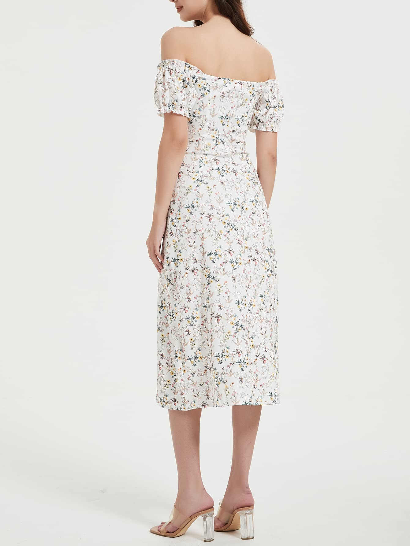 Floral Midi Dress for Women - Off Shoulder Ruffle Puff Sleeve Boho Summer Dress with High Slit & Backless Design | Perfect for Wedding Guest, Beach Party, Date Night & Special Occasions