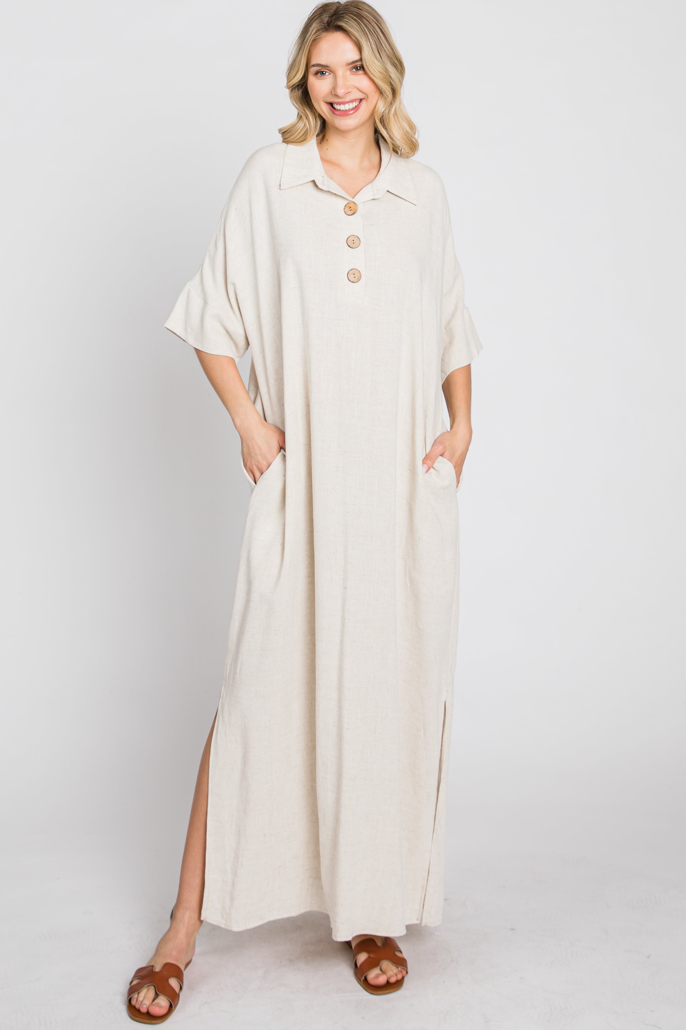Beige Collared Linen Maxi Dress for Women - Summer Casual Long Dress with V-Neck & Pockets - Perfect for Beach, Vacation & Boho Style Outfits