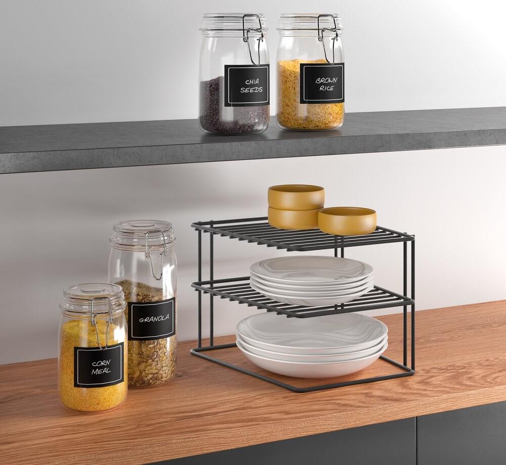 2-Tier Square Plate Stacker & Pantry Shelf Organizer - Matte Black Kitchen Storage for Dishes, Bowls, and Spices | Space-Saving Cabinet & Countertop Solution