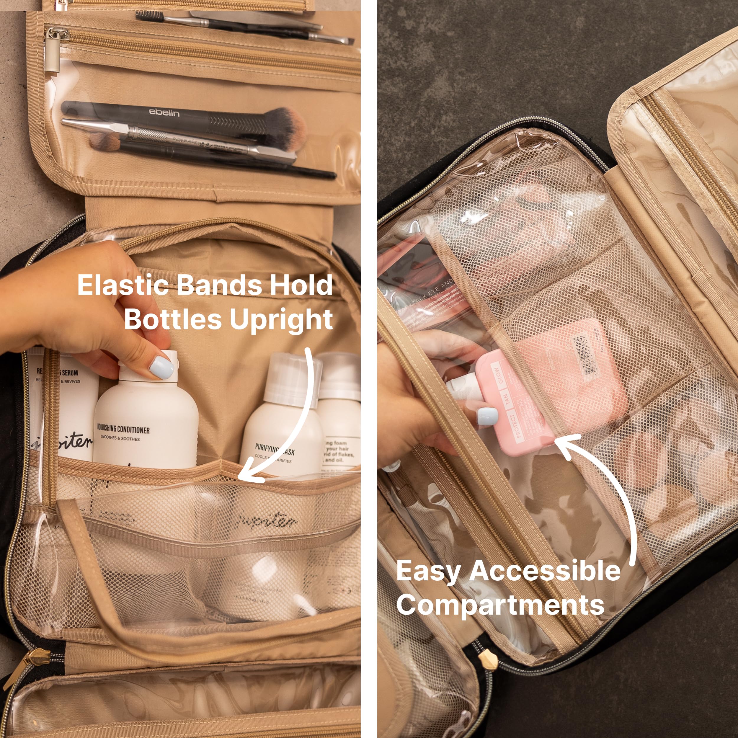Carrywell Hanging Toiletry Bag for Women - Water-Resistant Travel Cosmetic Organizer with Makeup Brush Holder - Perfect for Vacation, Gym & Business Trips (Black, Medium Size)
