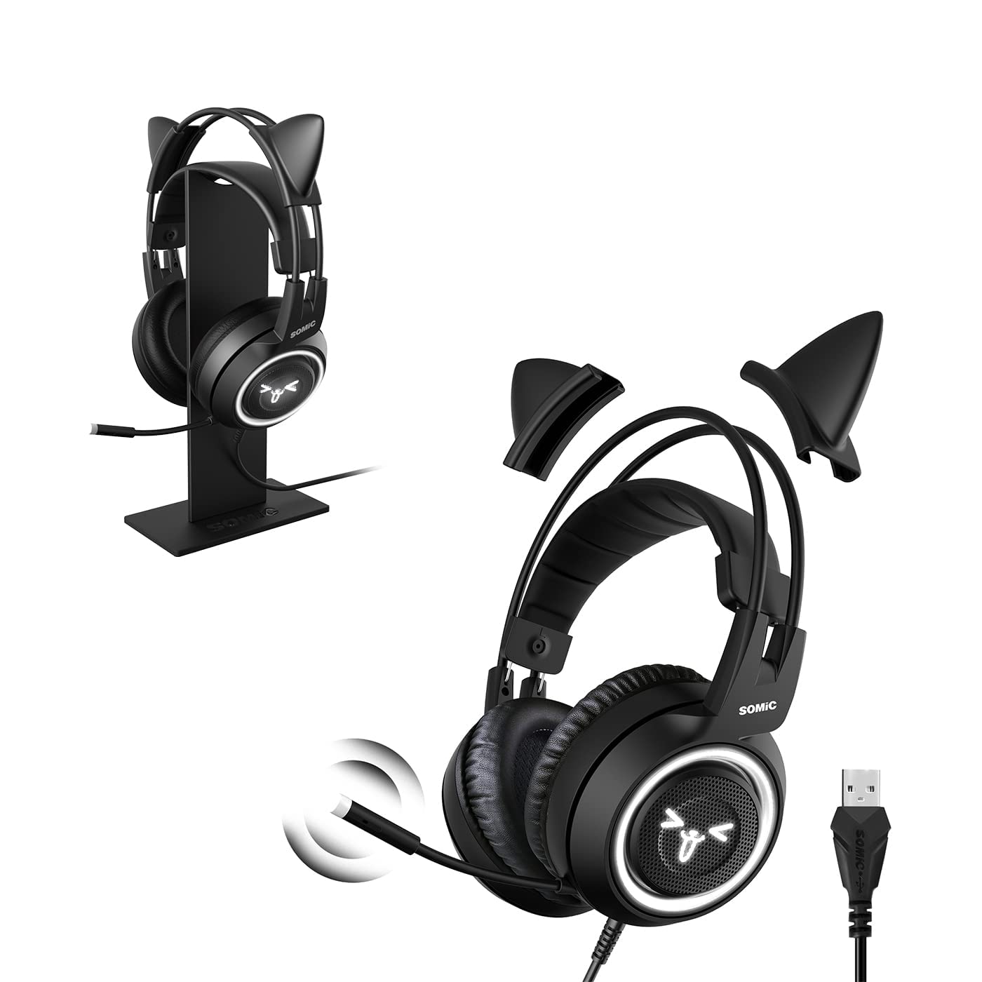 SOMIC G951 Black Cat Ear Gaming Headset with 7.1 Virtual Surround Sound, LED Lights & Headphone Stand - Lightweight PC, PS4, Laptop Headphones for Women & Girls - Perfect for Gaming, Streaming & Online Classes