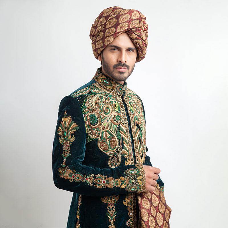 Deep Sea Green Velvet Sherwani for Men - Premium Fitted Indian Wedding Attire - Perfect for Groom's Outfit, Festive Occasions & Cultural Celebrations