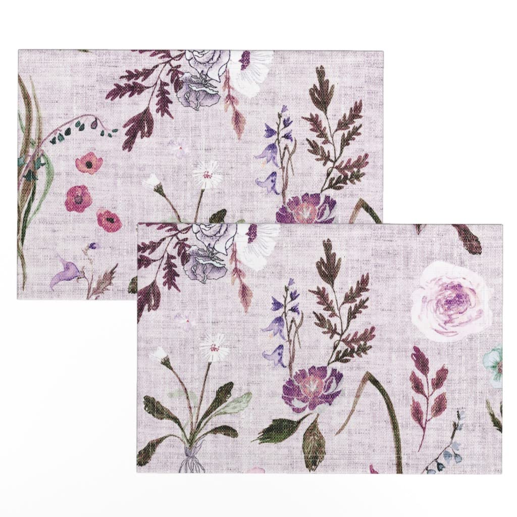 Linen Cotton Canvas Placemats Set of 2 - Lavender Purple Floral Botanical Print Table Mats for Dining Room Decor, Kitchen Table Setting, and Home Party Accessories