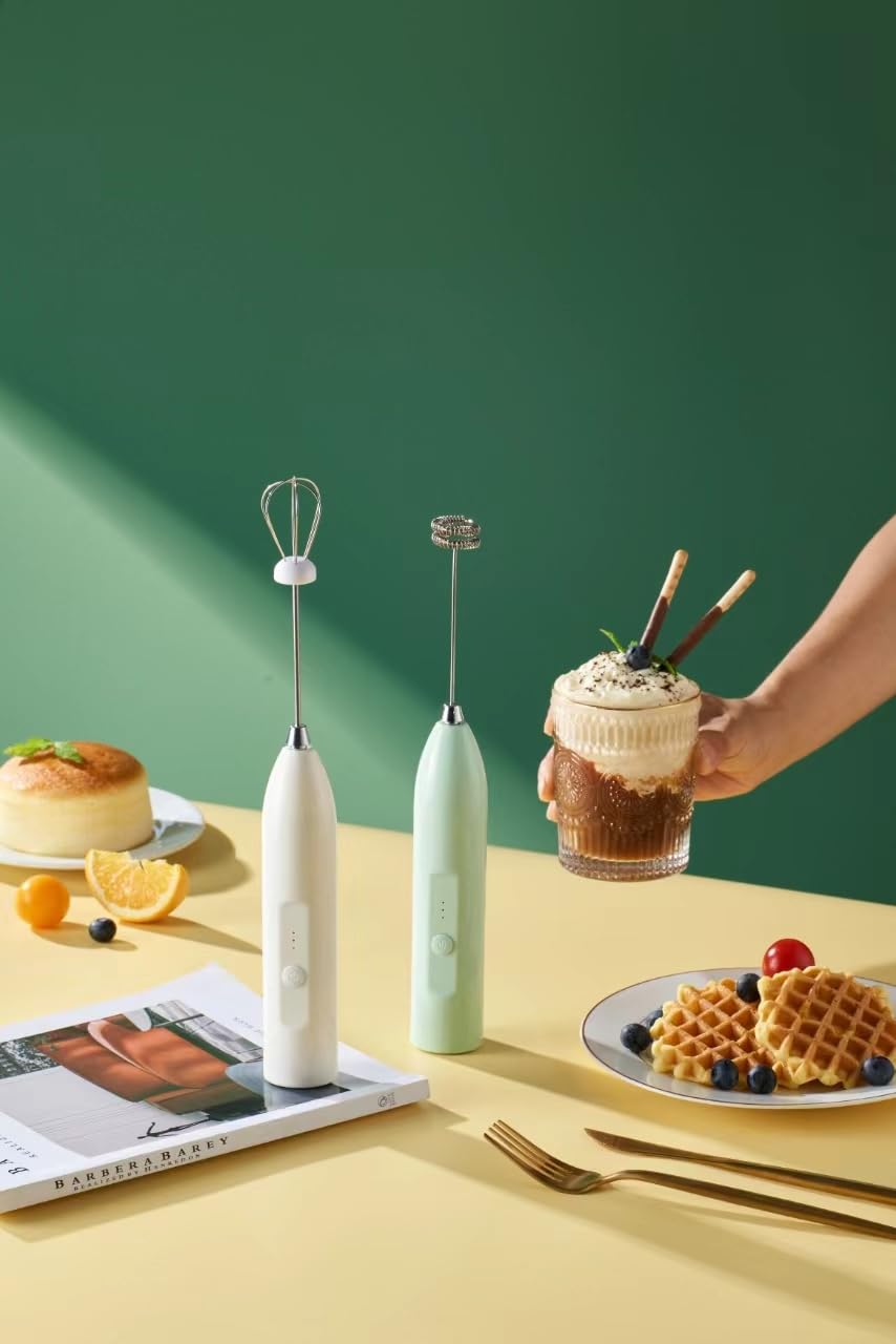Electric Handheld Milk Frother - 3-Speed Adjustable Whisk with Stainless Steel Head, Battery Operated (4 AA Batteries Not Included) - Perfect for Making Latte, Cappuccino, Matcha & Egg Foam at Home or Café (White)
