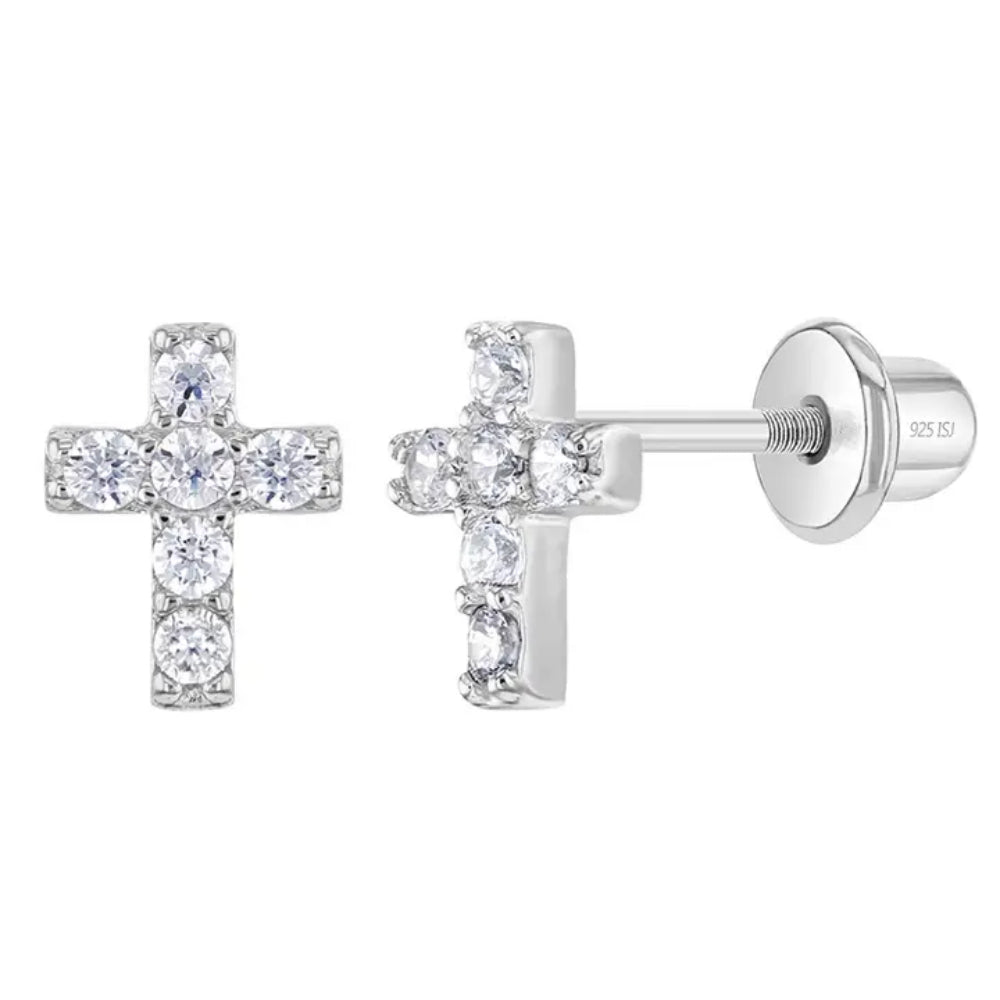 Kids' Sterling Silver & Cubic Zirconia 7mm Cross Earrings - Perfect for First Communion, Baptism & Everyday Wear