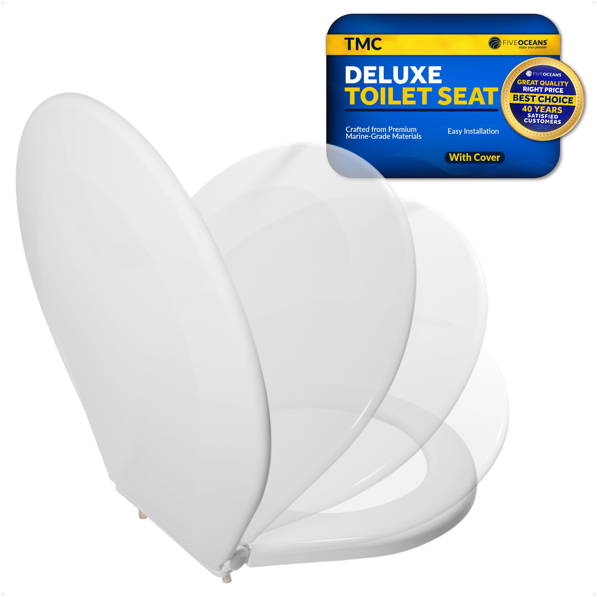 TMC Marine Deluxe Toilet Seat with Cover - Slow Close Quiet Hinges for Boats & RVs, Non-Slip Design, Easy Installation (Model FO4485) - Perfect for Marine Bathrooms, Yachts, and Campers