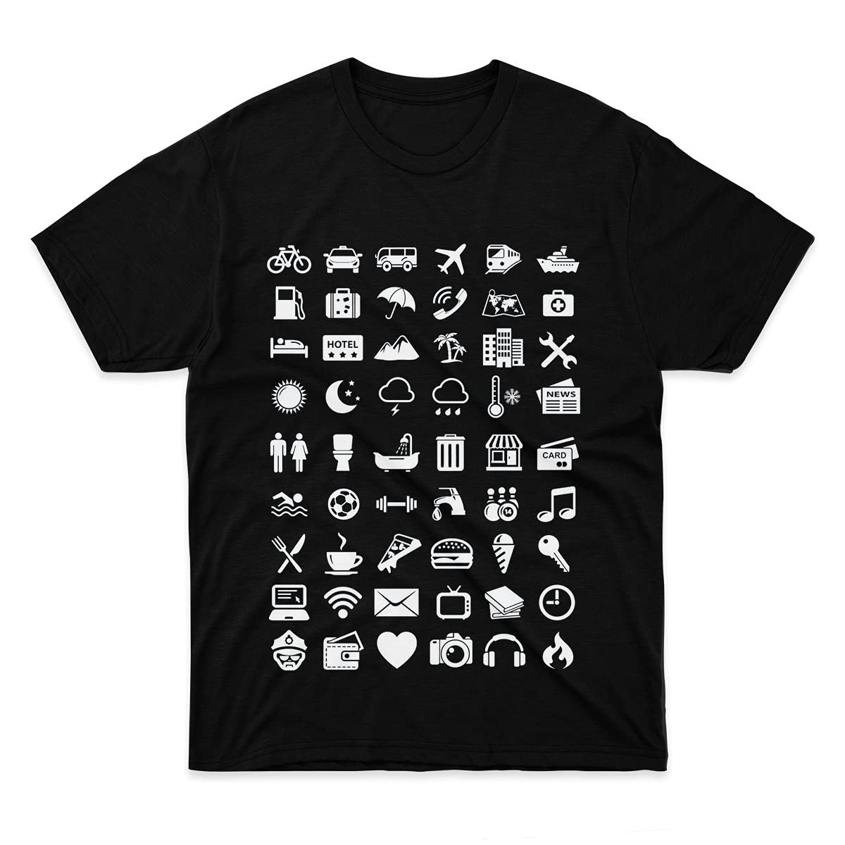 Men's & Women's Travel Icons Language Graphic T-Shirt - Funny White Cotton Tee for Dad, Couples & Travel Lovers - Perfect for Vacations, Road Trips & Casual Wear