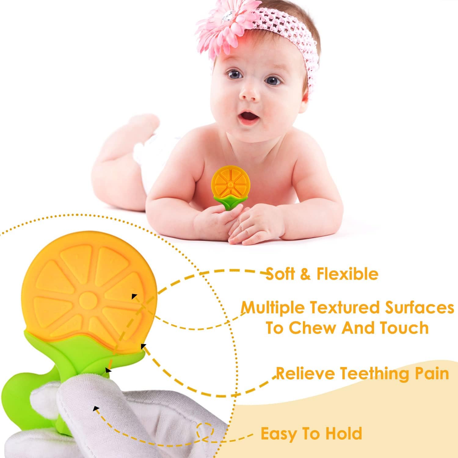 Kritiu BPA-Free Silicone Teether & Baby Spoon Set - Safe Infant Feeding Essentials for 6+ Months Babies - Soft Chewable Teething Toys & Utensils (Yellow & Peach) | Perfect for Soothing Sore Gums & Introducing First Solid Foods
