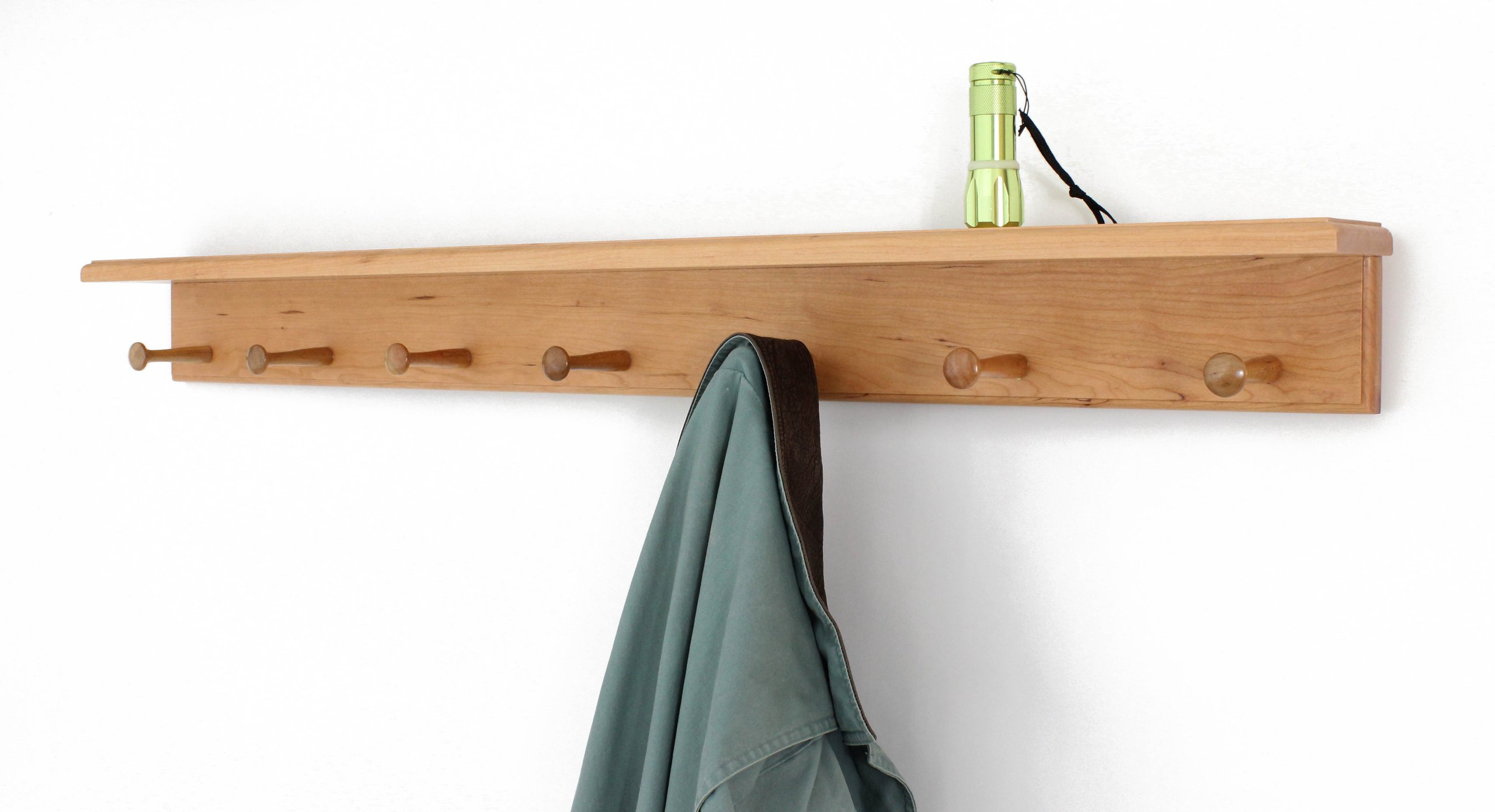 Handcrafted Cherry Wood Peg Rack with Shelf - Natural Finish, 18 Inch Wall Organizer with 3 Hooks - Perfect for Entryway, Bathroom & Kitchen Storage | Made in USA