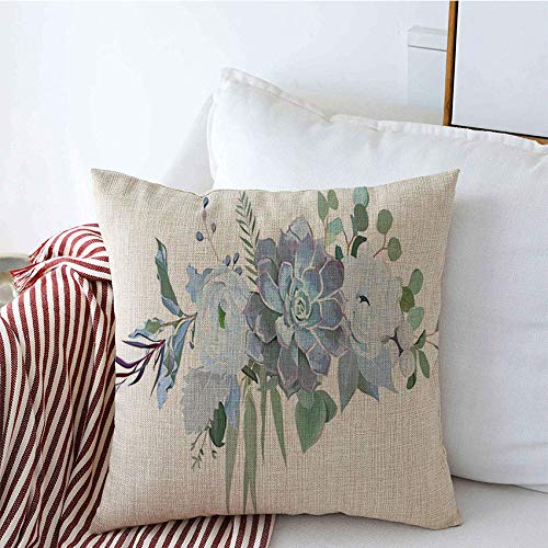 18x18 Inch Vintage Floral Decorative Pillow Covers - Dusty Blue Echeveria, Mint Succulent & White Ranunculus Flower Design for Couch, Bench & Home Decor | Perfect for Living Room, Bedroom & Boho Style Interior