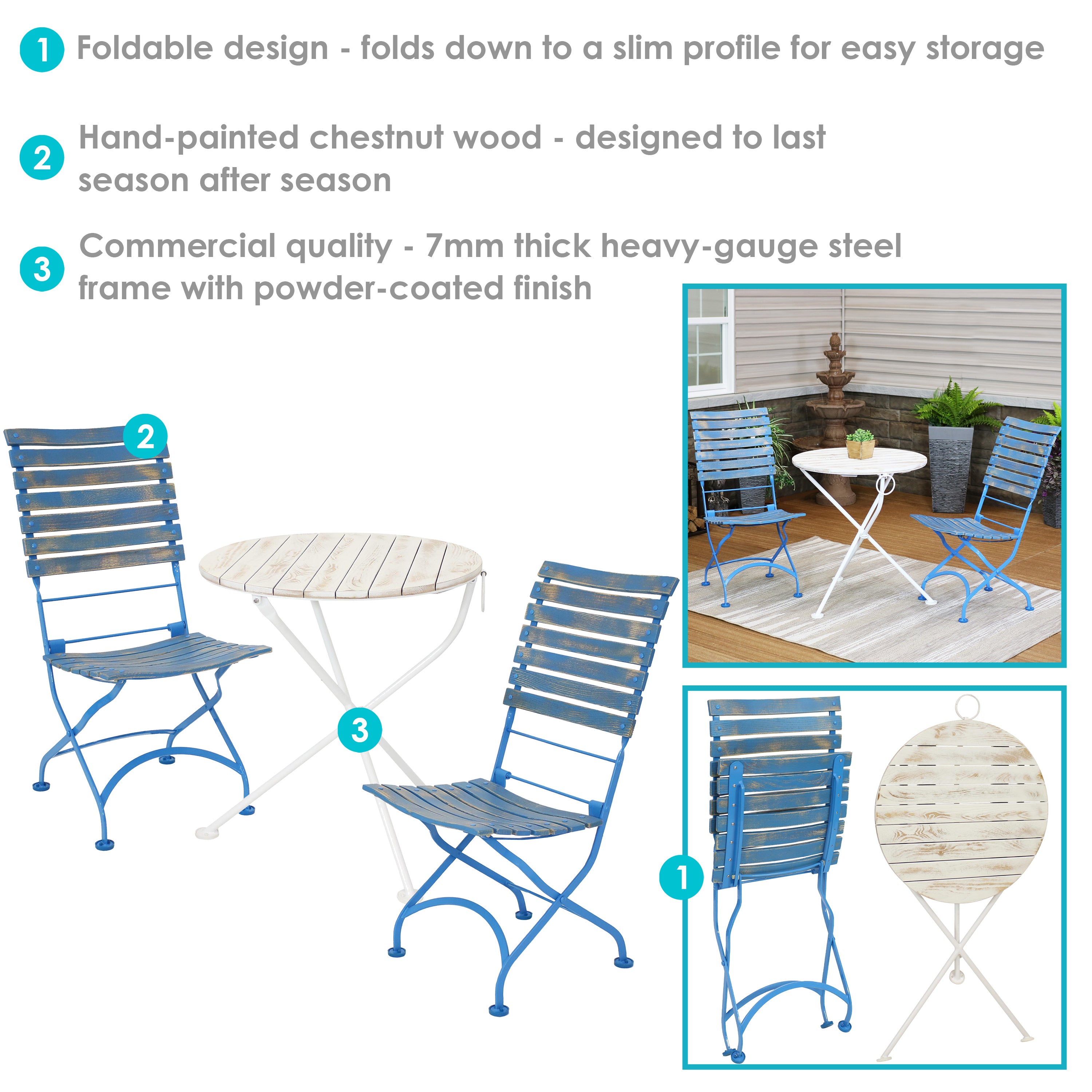 Sunnydaze Cafe Color 3-Piece Wooden Folding Bistro Table and Chair Set - Blue | Outdoor Patio, Garden, Balcony Dining Furniture for Small Spaces
