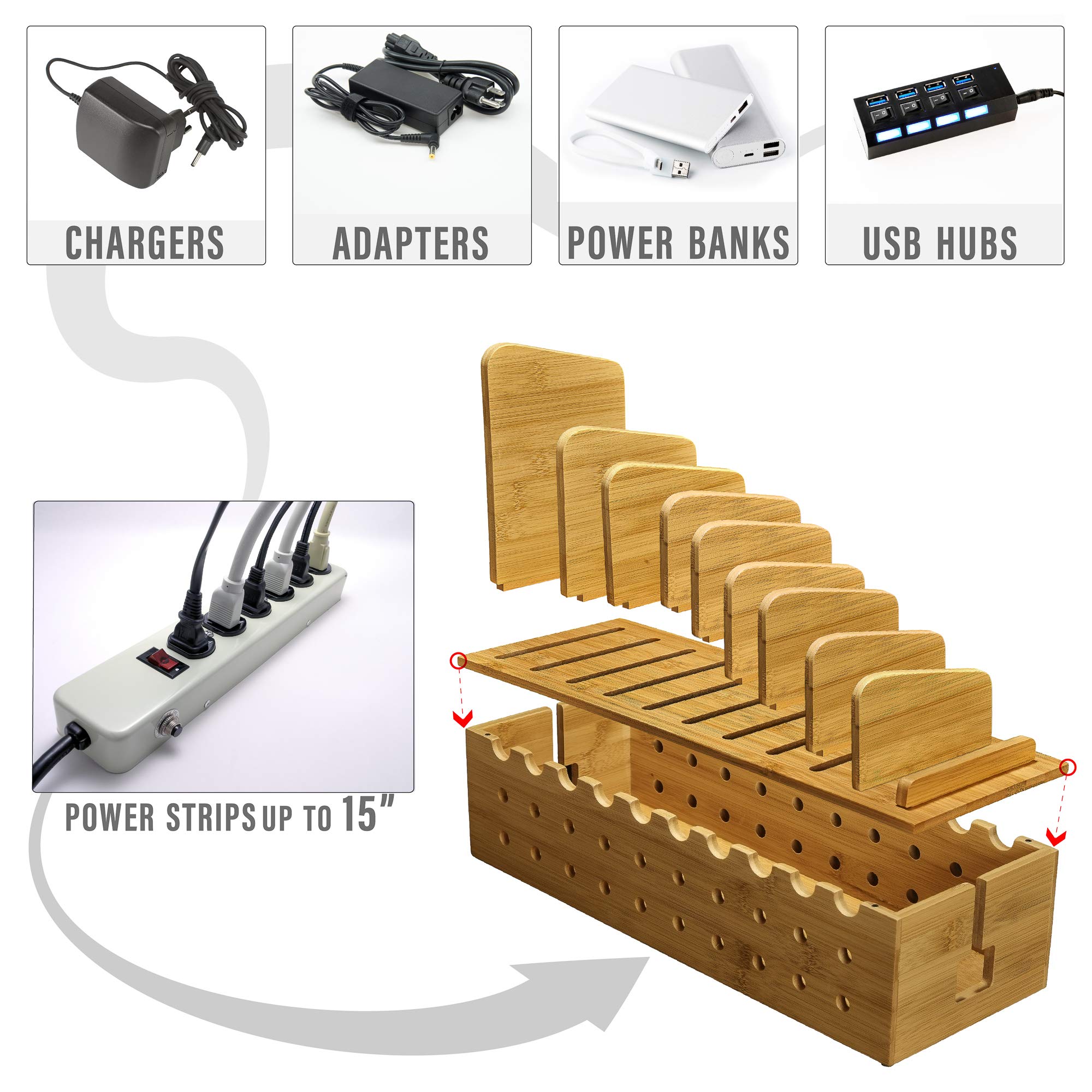Premium Bamboo Charging Station for 10 Devices - Multi-Port USB Charger with Cable Management Box - Perfect for Home Office, Bedroom & Travel - Organize Smartphones, Tablets & Electronics