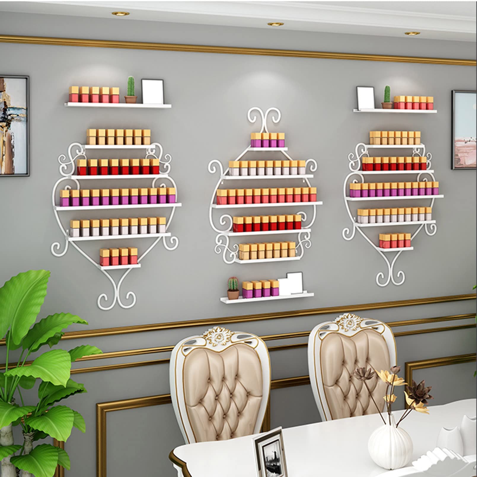 ZYFA White Metal Wall-Mounted Nail Polish Display Rack - Floating Shelf Organizer for Essential Oils, Perfume & Makeup Bottles - Perfect for Nail Salons, Spas & Home Vanity Organization (White)