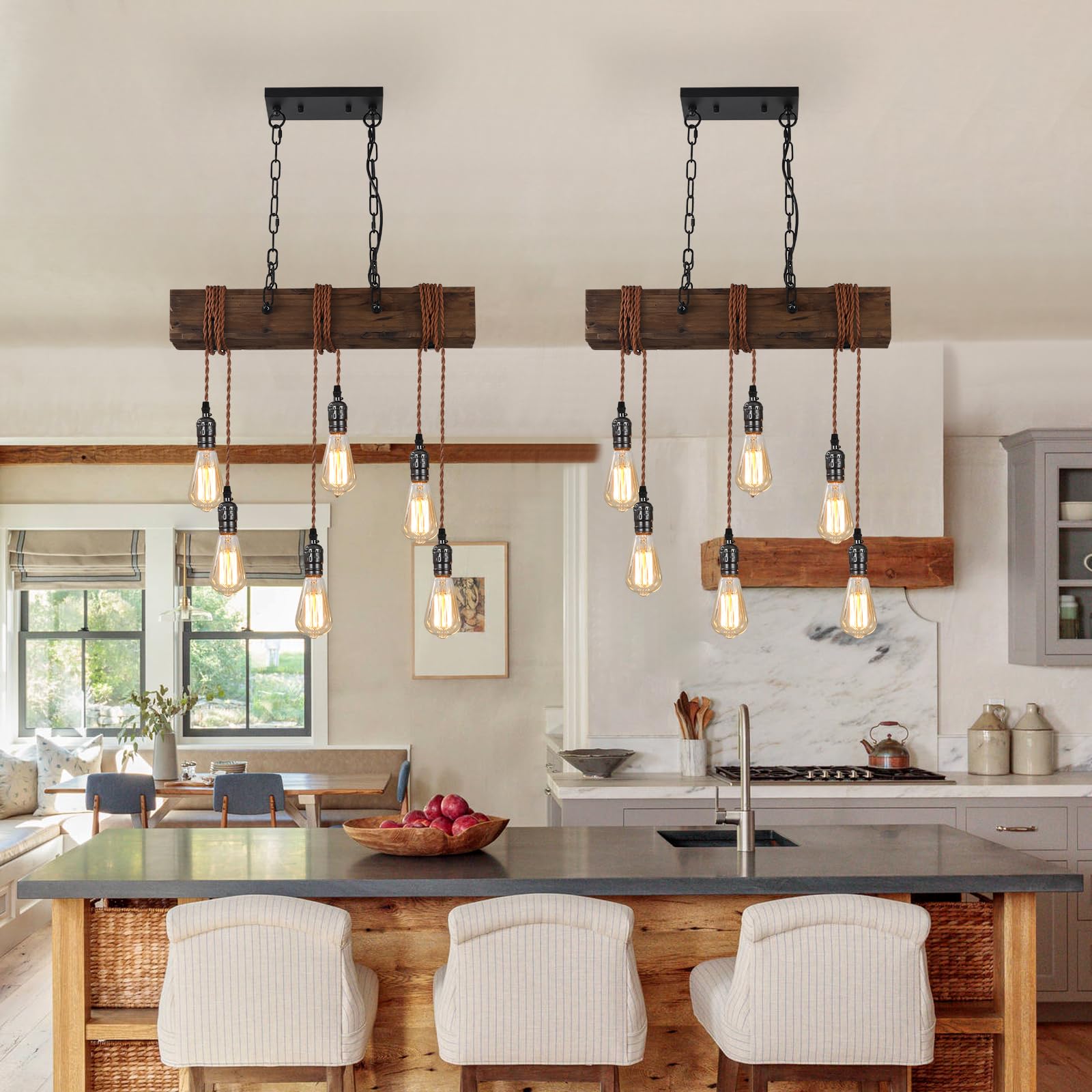 KEESFU 6-Light Farmhouse Wooden Chandelier - Adjustable Rustic Ceiling Pendant Light for Kitchen Island, Dining Room, Bar, Pool Table & Cabin - Perfect for Country Style Home Decor