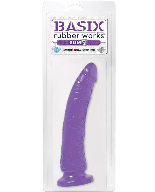 Basix Dong Slim 7 Inch Purple Realistic Dildo with Strong Suction Cup - Perfect for Solo Play, Couples Fun & Shower Use