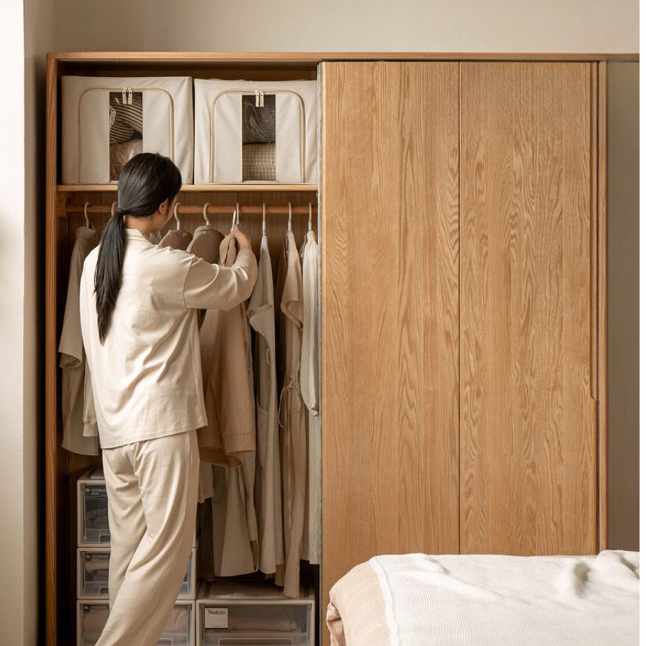 Solid Oak Wood Sliding Door Wardrobe Closet - Modern Storage Solution for Bedroom, Living Room & Office Organization