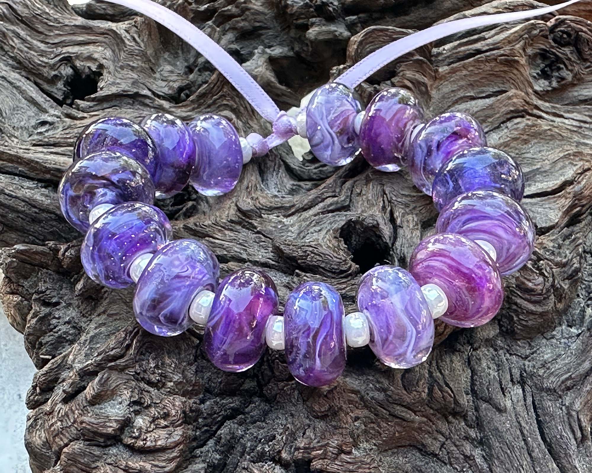 15-Piece Purple Swirl Lampwork Glass Beads Set for Jewelry Making - DIY Necklace, Bracelet & Earring Craft Supplies - Perfect for Beaders & Artisans