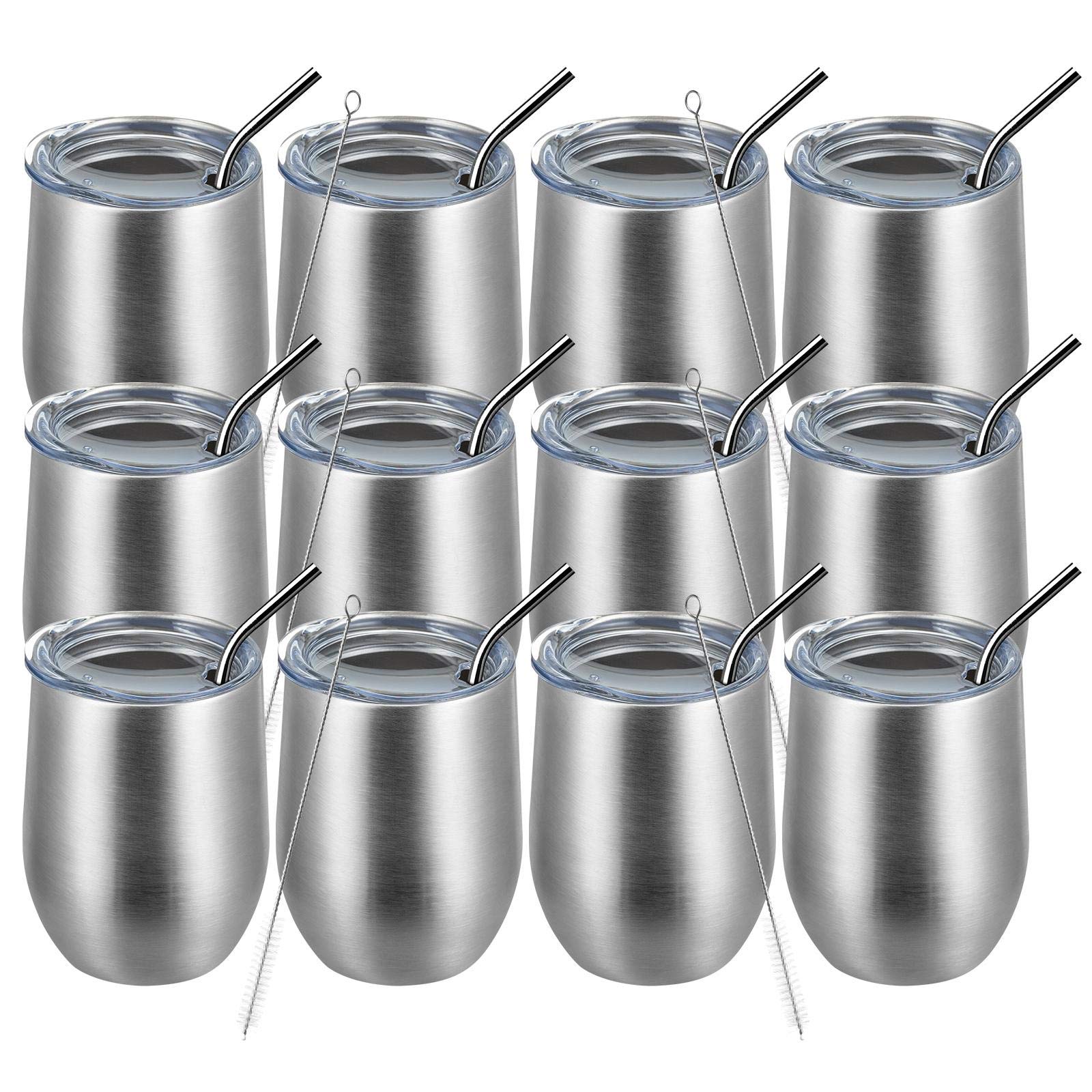 MEWAY 12oz Stainless Steel Wine Tumbler with Lid - 12 Pack Double Wall Vacuum Insulated Travel Mug for Wine, Coffee, Cocktails - Perfect for Parties, Picnics, and Gifts (Silver)