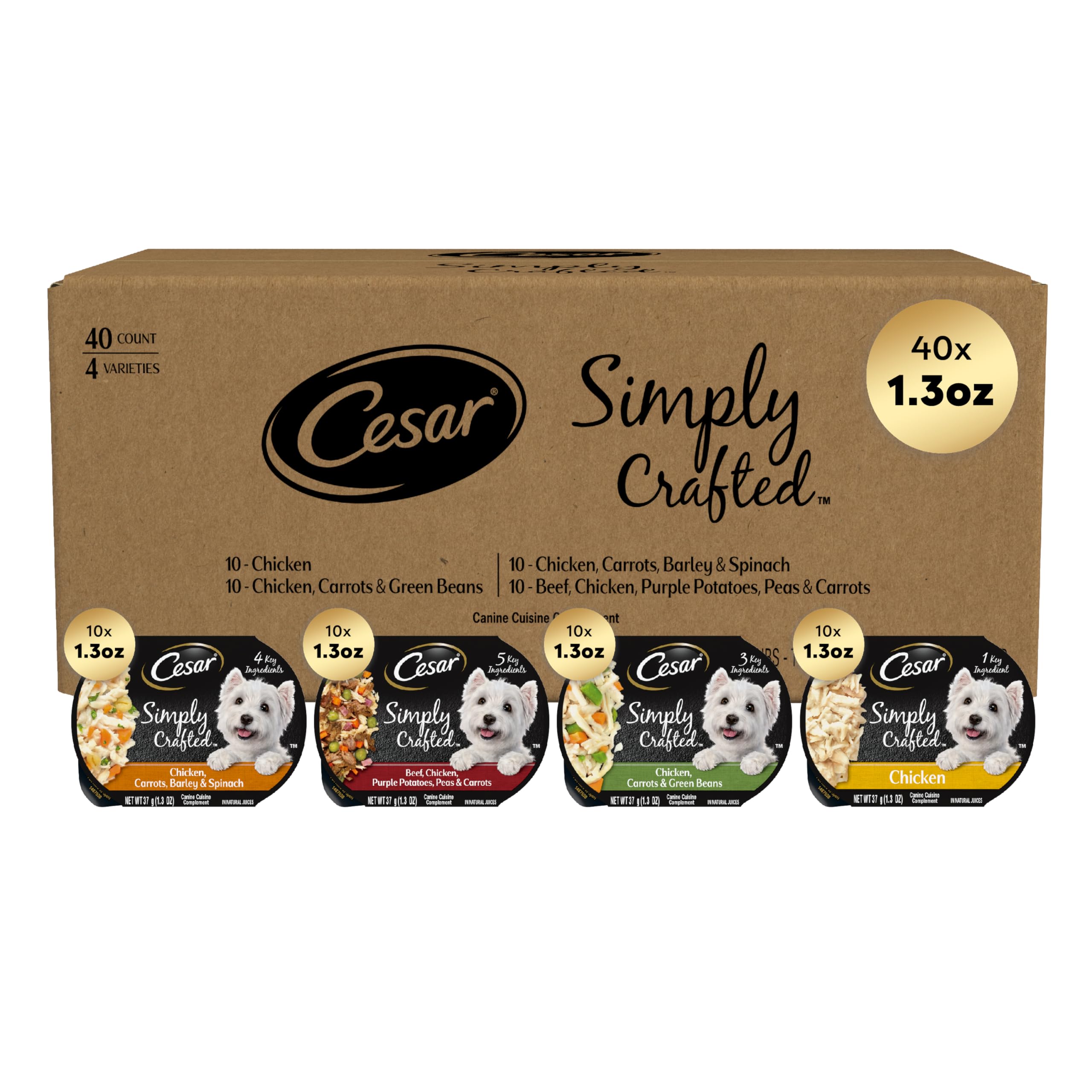 Premium Cesar Wet Dog Food Multipack - Grain-Free Chicken & Beef Recipe, 40 Count (1.3 oz Trays) | Tender Bites for Small & Medium Dogs | Perfect for Travel, Training & Mealtime Toppers