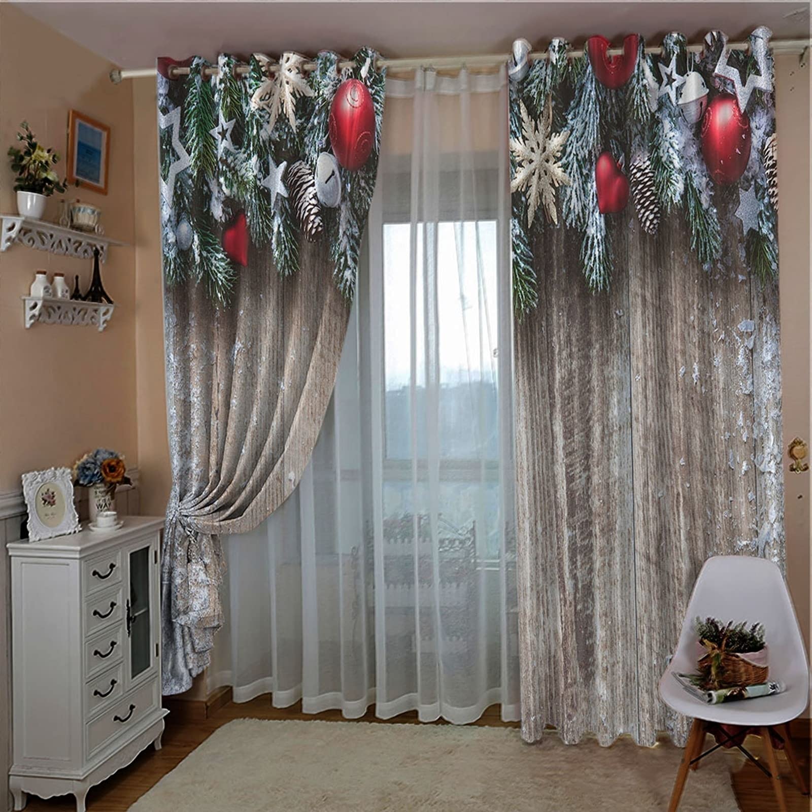 Brown Christmas Sheer Window Curtains 108x63 Inch - Polyester Living Room Decor for Holiday Season | Perfect for Home, Bedroom & Seasonal Festive Decorations