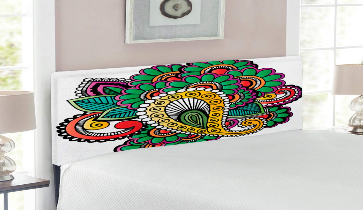 Ambesonne Oriental Queen Size Headboard - Abstract Floral Design with Vivid Colors, Upholstered Metal Frame & Memory Foam Comfort | Perfect for Bedroom Decor, Guest Rooms & Modern Home Interiors