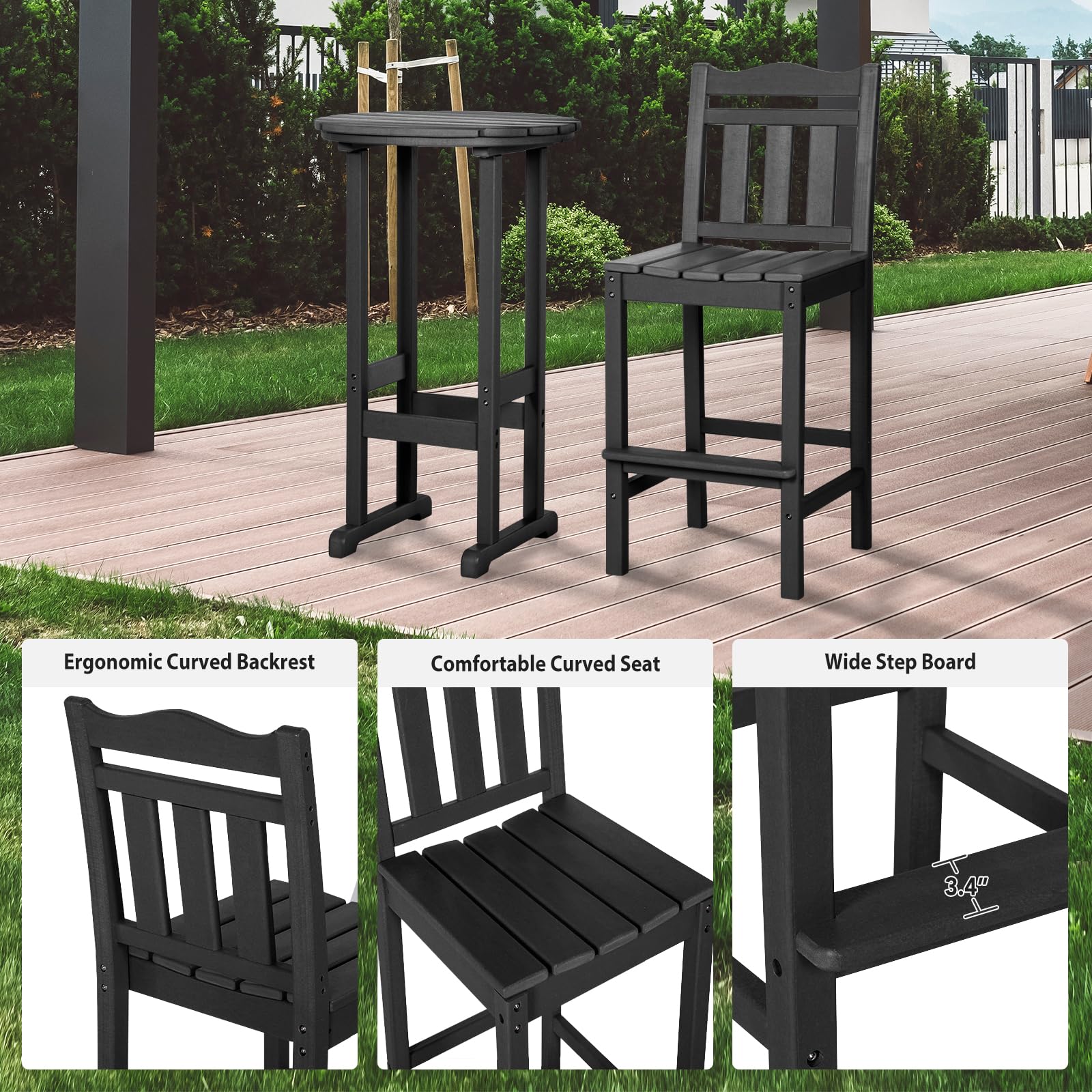Premium HDPE Outdoor Bar Chairs and Table Set - 3-Piece Adirondack Style Balcony Furniture for Garden, Yard, Backyard - Weather-Resistant Patio Bar Stools Set for Outdoor Entertaining & Relaxation