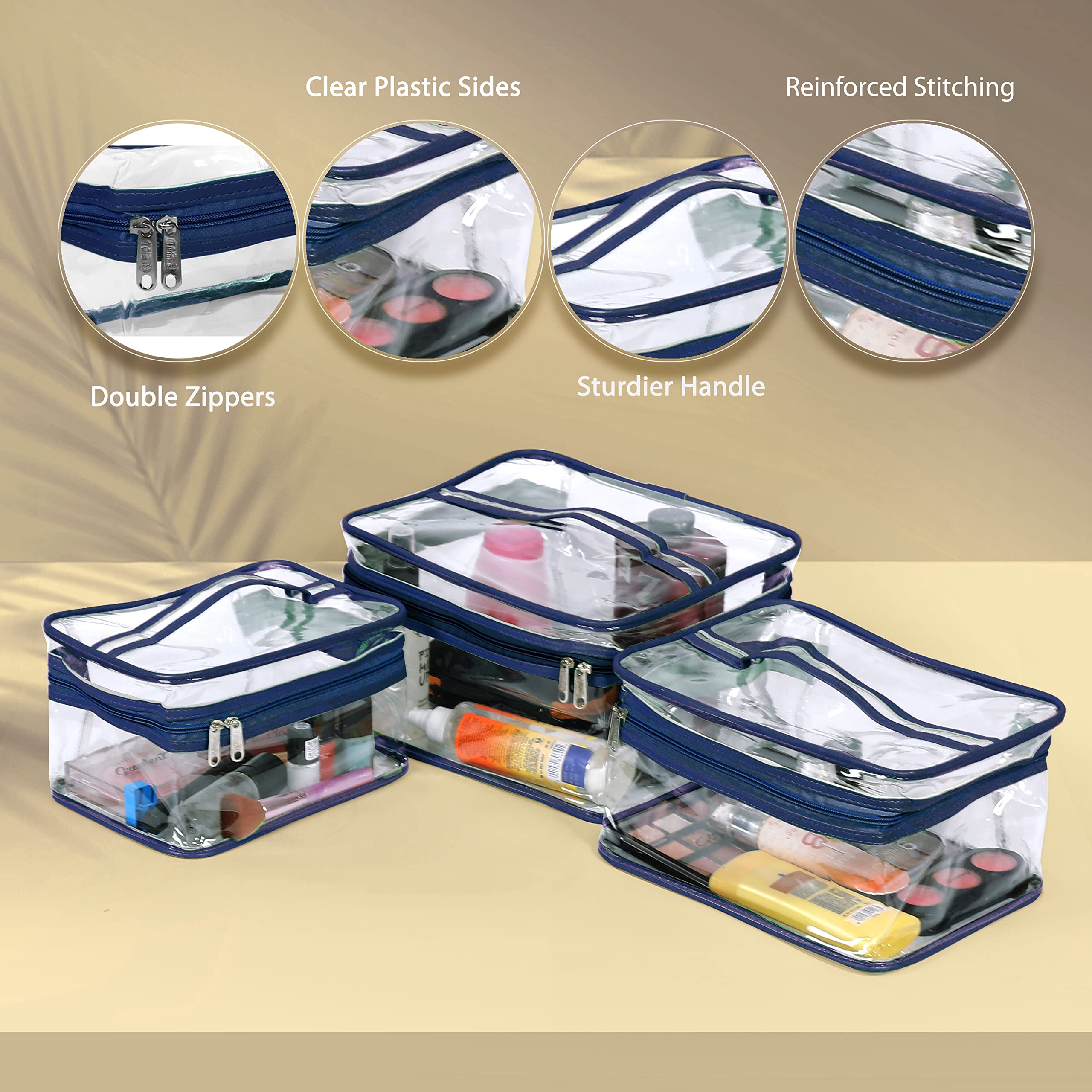 Lwvax Large Clear Toiletry Bag Set of 3 - Waterproof Travel Makeup Organizer with Zipper, Transparent Cosmetic Storage Pouch for Women & Men - Perfect for Airplane Carry-on, Gym, Beach Trips & Vacation Essentials (Blue)