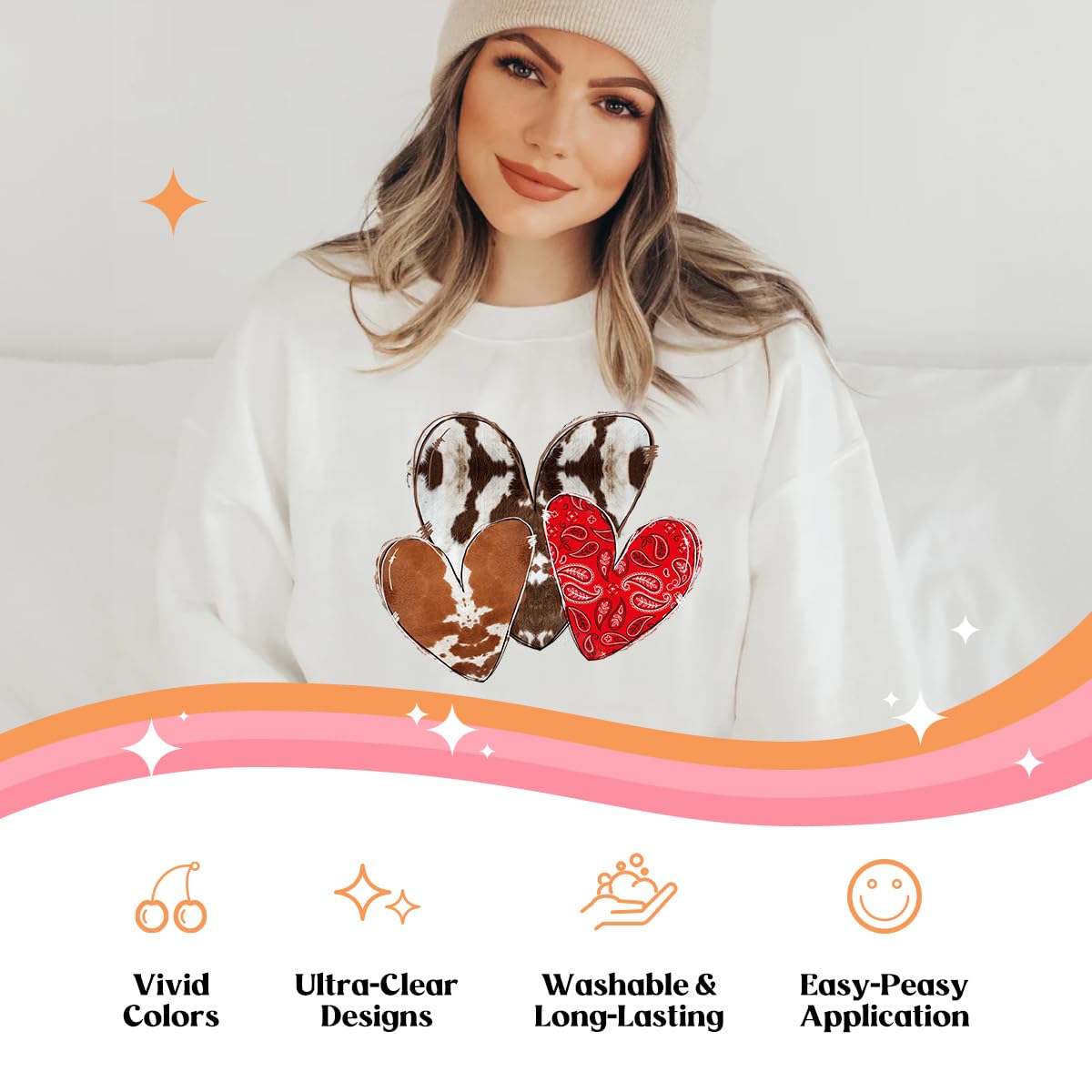 Kaciola Valentine's Day Iron On Transfers - 30 Sheets DTF Heat Transfer Stickers for T-Shirts & Hoodies | Pink Heart Decals for DIY Crafts & Apparel | Perfect for Valentine's Gifts, Couple Outfits & DIY Projects