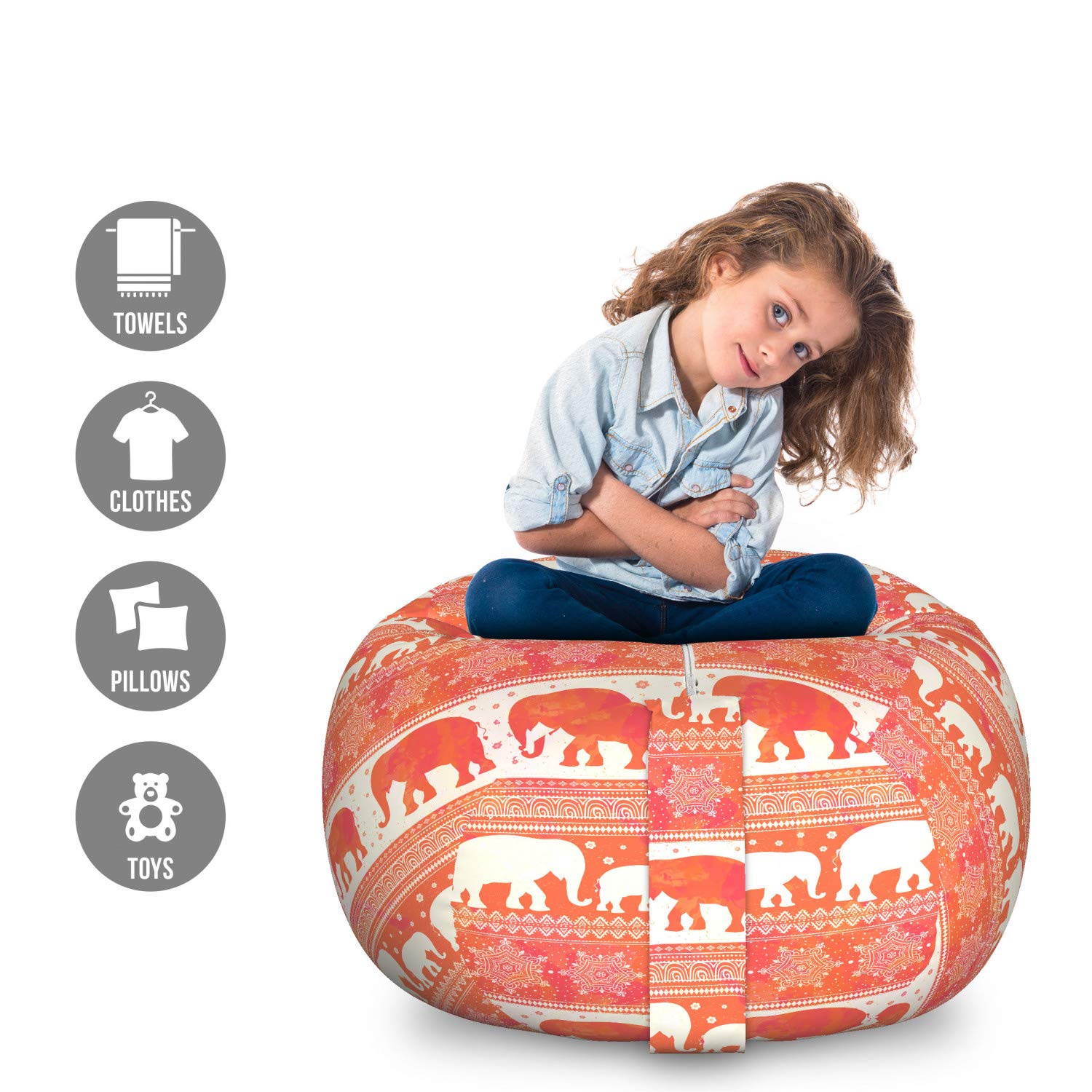 Ambesonne Oriental Storage Toy Bag Chair - Hand Drawn Traditional Silhouettes & Motifs - Large Washable Stuffed Animal Organizer - Dark Coral Vermilion - Perfect for Kids' Room Organization & Playroom Storage