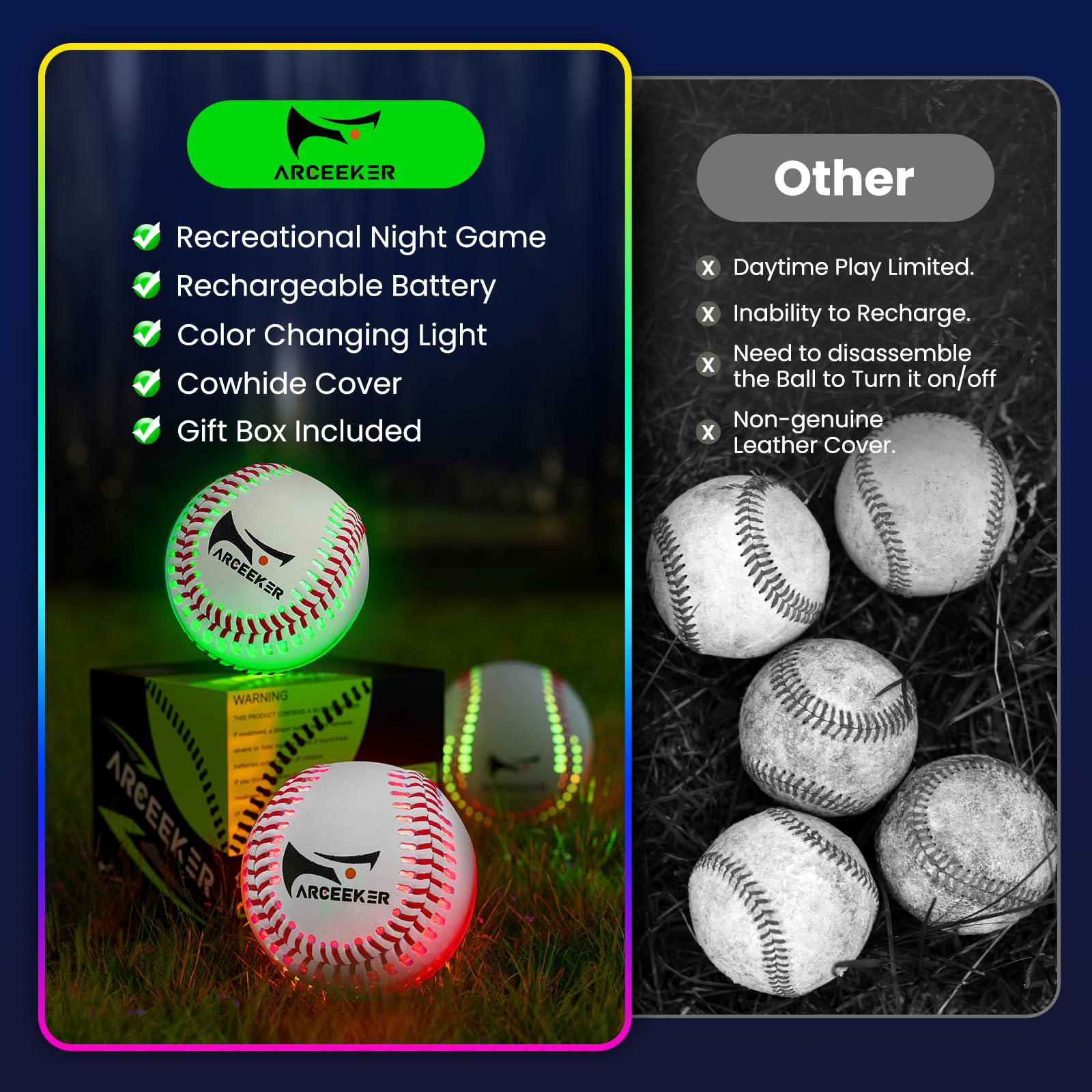 Glow in The Dark LED Baseball Toy with 7 Color Changing Lights - Perfect for Nighttime Baseball Games, Backyard Play, and Fun Gifts for Boys, Girls & Baseball Fans
